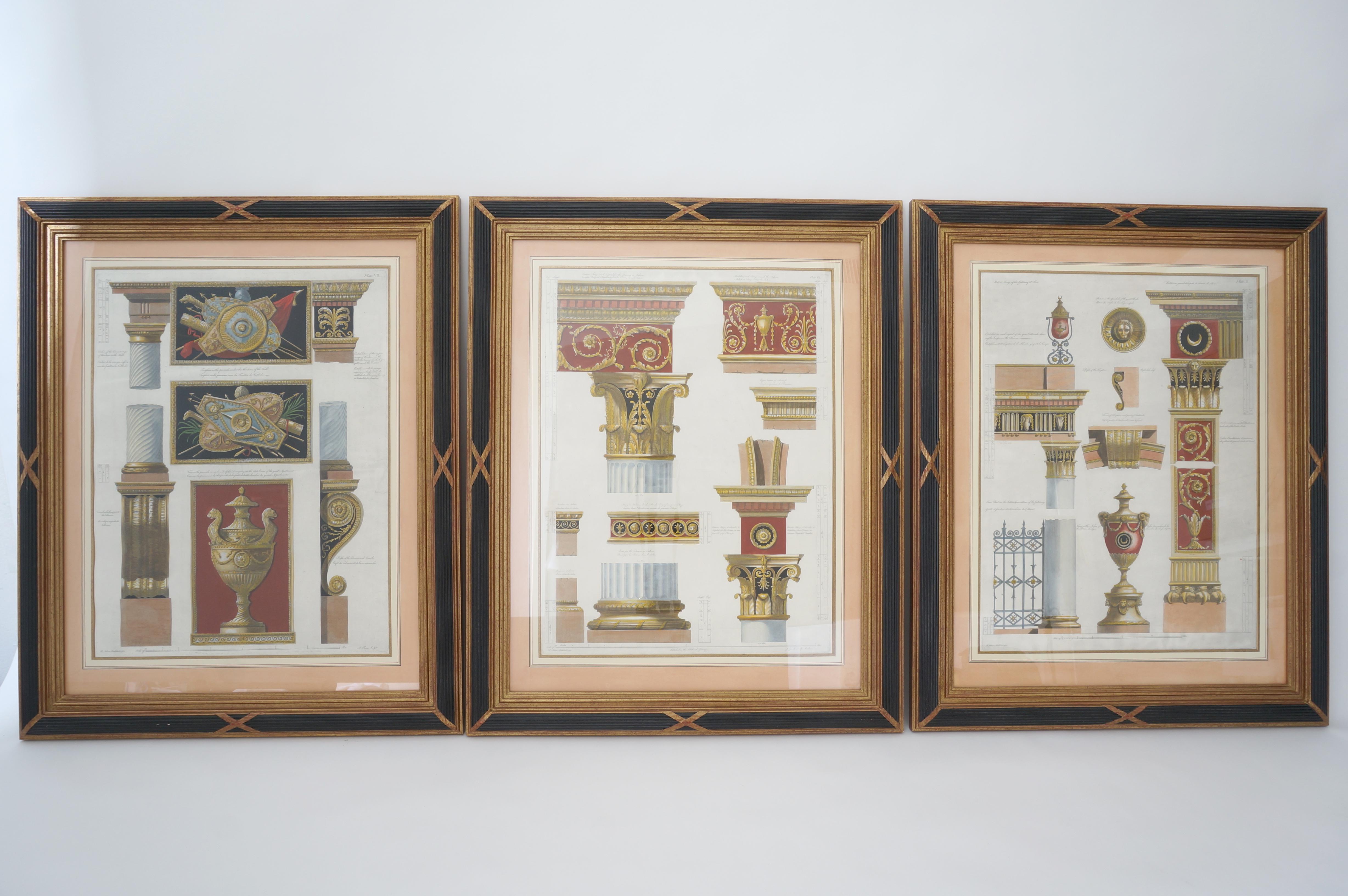 This stylish three piece set of neoclassical architectural elements will make a statement with their polychrome colorations, and their black and gold frames.

Note: Mat opening dimensions are 22.25