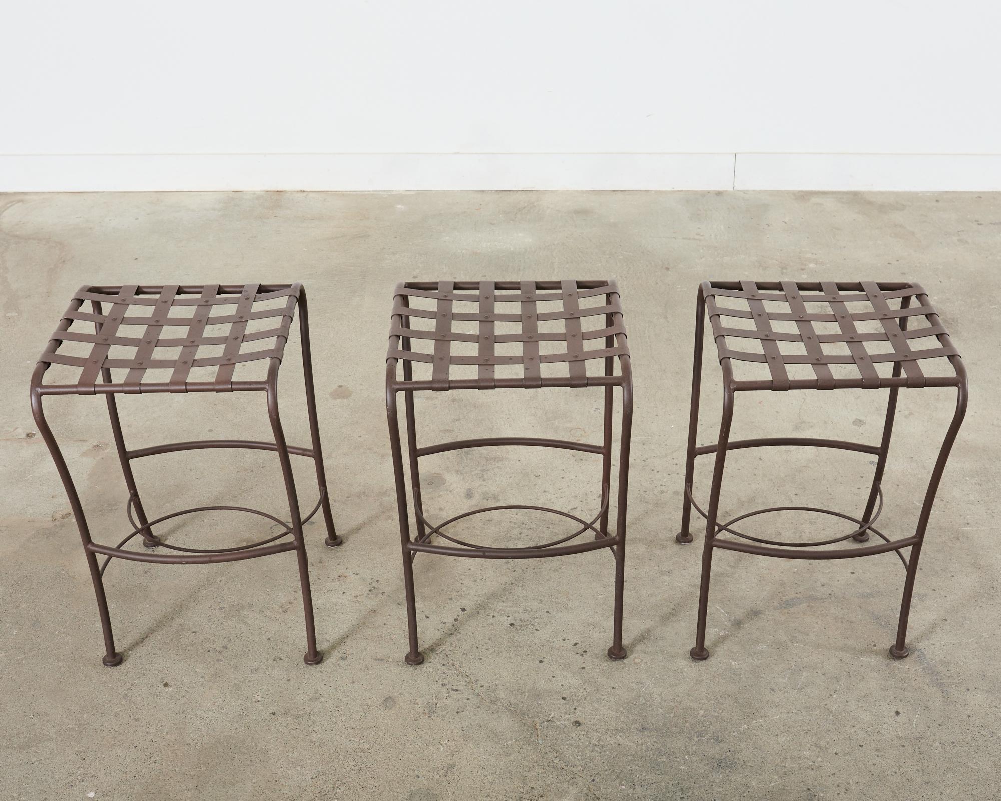 American Set of Three Neoclassical Style Aluminum Lattice Seat Barstools For Sale