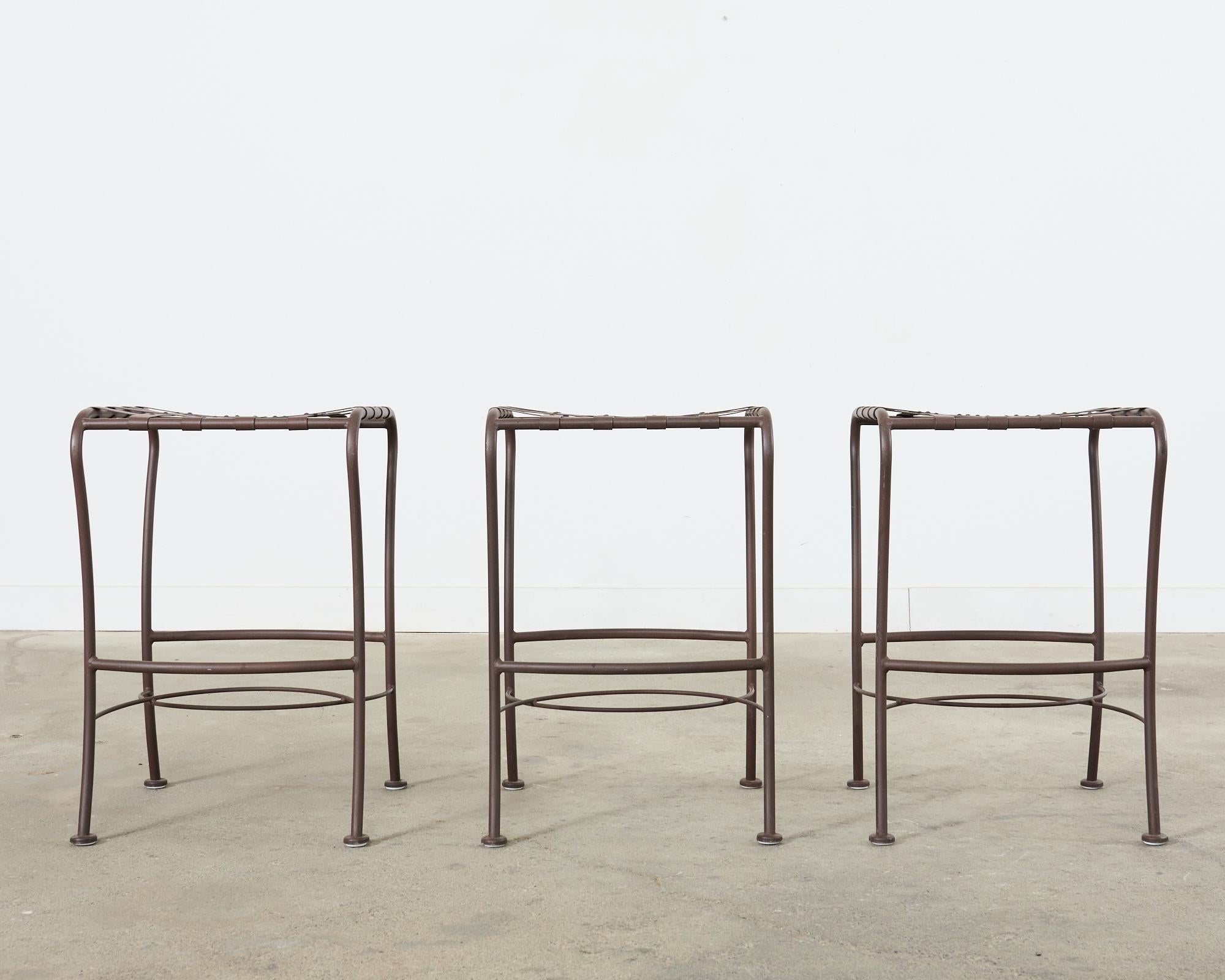 Set of Three Neoclassical Style Aluminum Lattice Seat Barstools In Good Condition For Sale In Rio Vista, CA