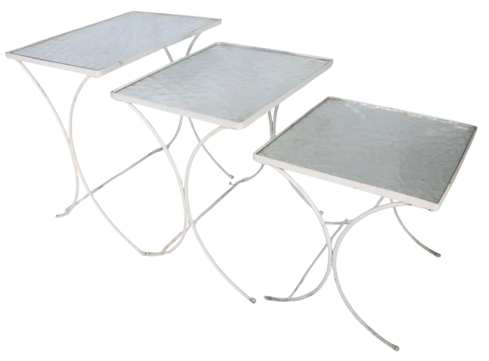 Set of Three Nesting Garden Patio Poolside Wrought Iron Textured Glass Tables For Sale 4