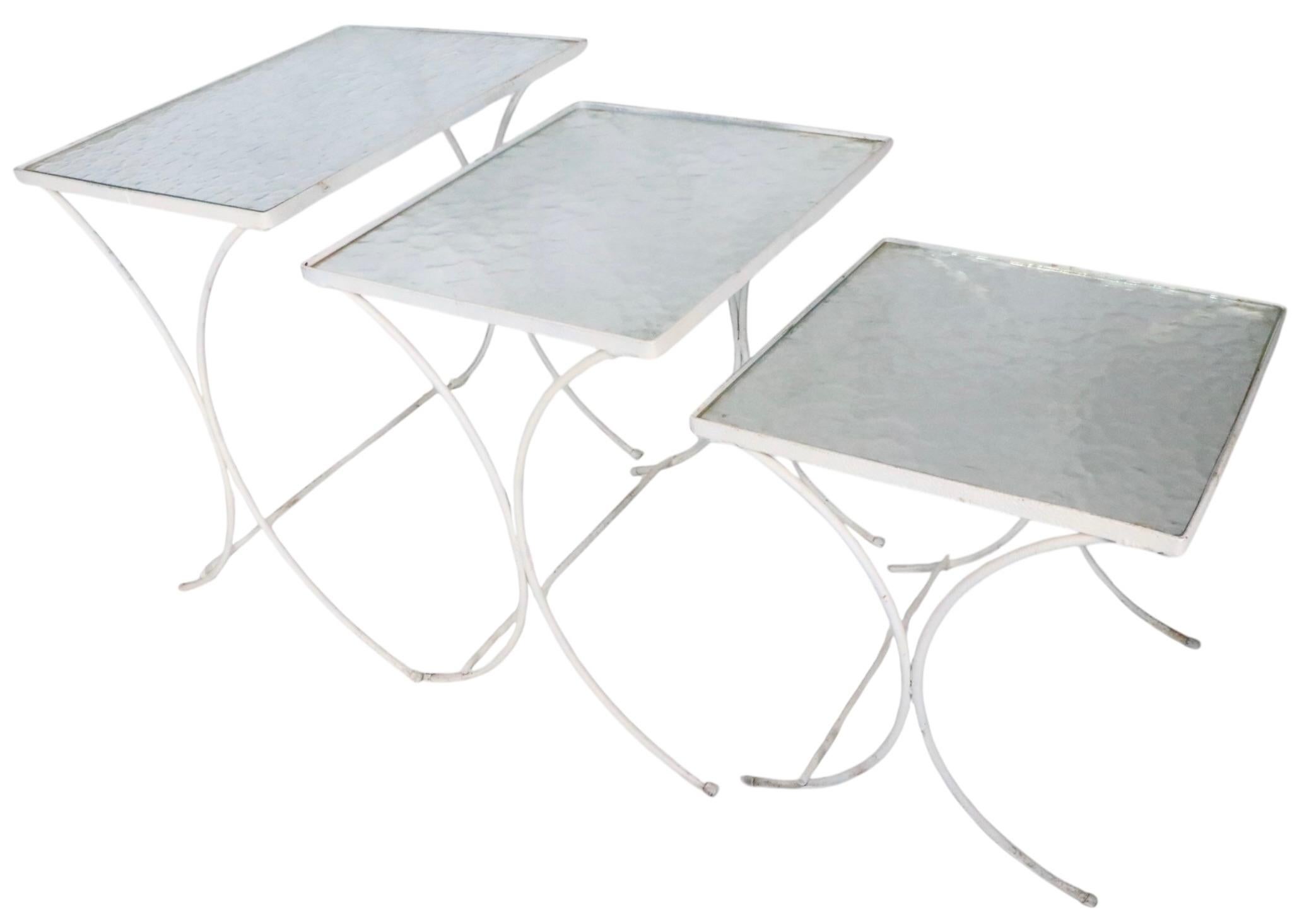 Set of Three Nesting Garden Patio Poolside Wrought Iron Textured Glass Tables For Sale 5
