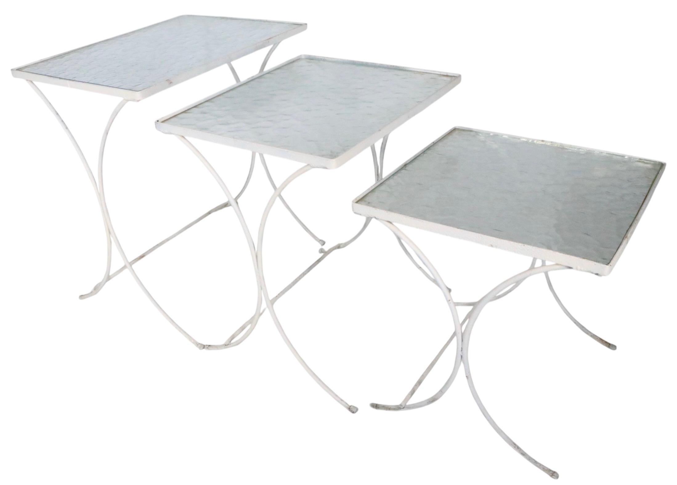 Set of Three Nesting Garden Patio Poolside Wrought Iron Textured Glass Tables For Sale 6