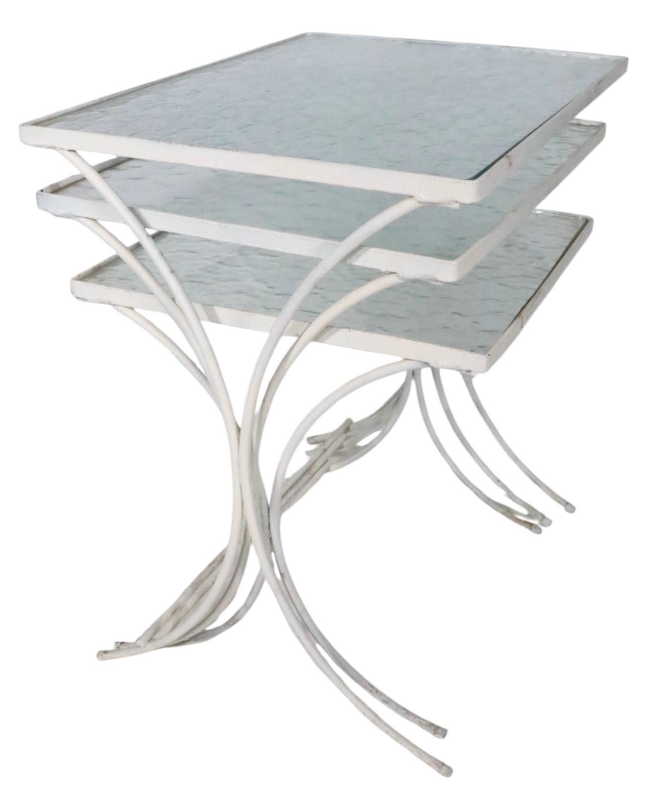 Set of Three Nesting Garden Patio Poolside Wrought Iron Textured Glass Tables For Sale 7