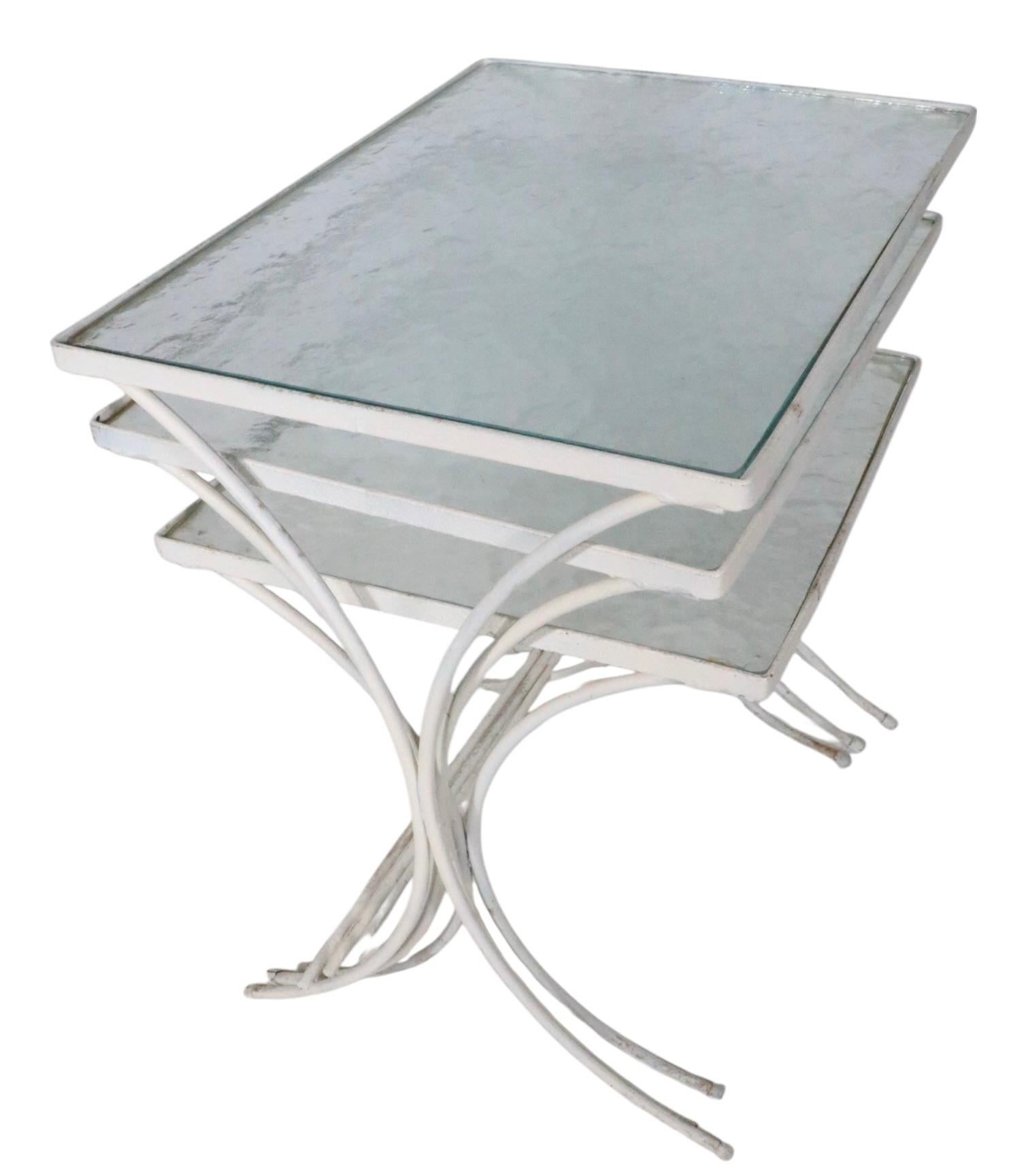 Set of Three Nesting Garden Patio Poolside Wrought Iron Textured Glass Tables For Sale 8