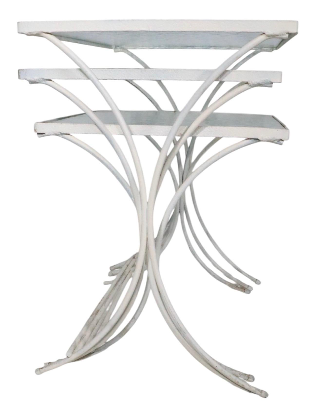 Set of Three Nesting Garden Patio Poolside Wrought Iron Textured Glass Tables For Sale 9