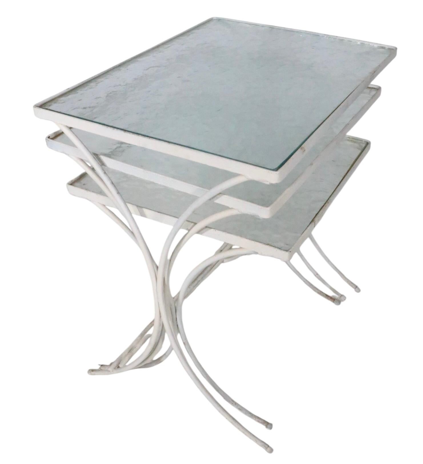 Set of Three Nesting Garden Patio Poolside Wrought Iron Textured Glass Tables For Sale 10