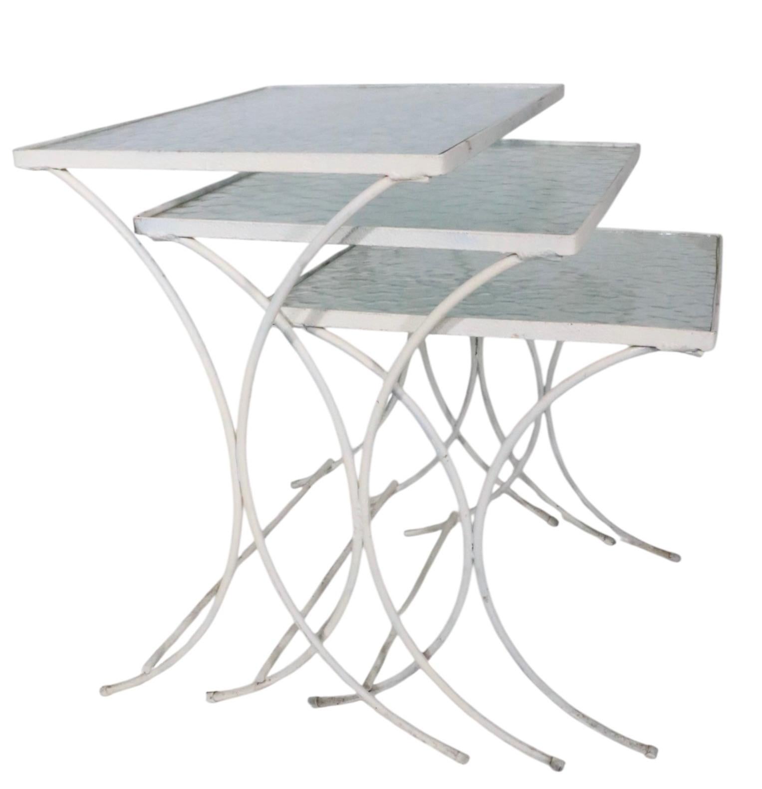 Set of Three Nesting Garden Patio Poolside Wrought Iron Textured Glass Tables For Sale 11