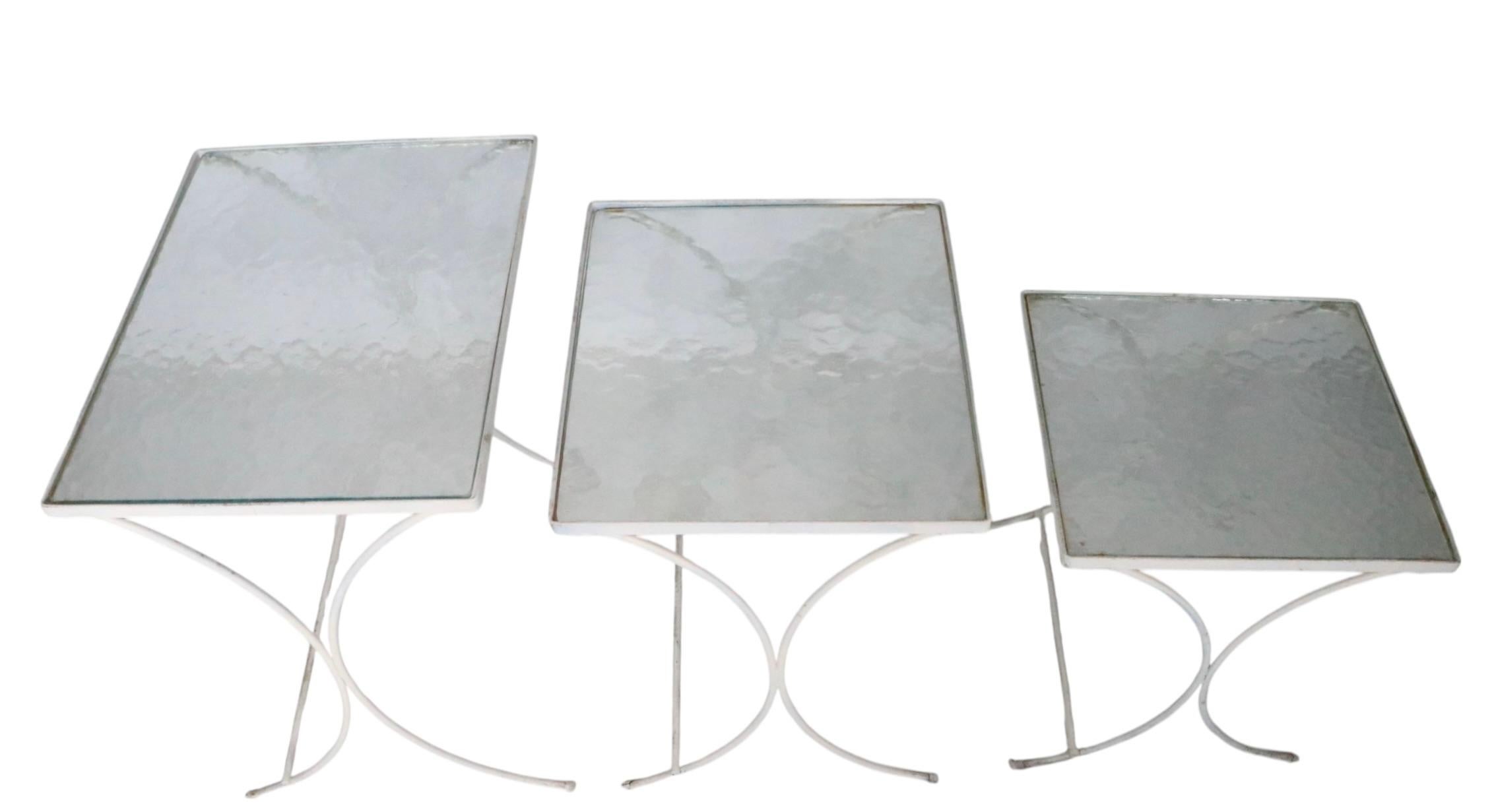 American Set of Three Nesting Garden Patio Poolside Wrought Iron Textured Glass Tables For Sale
