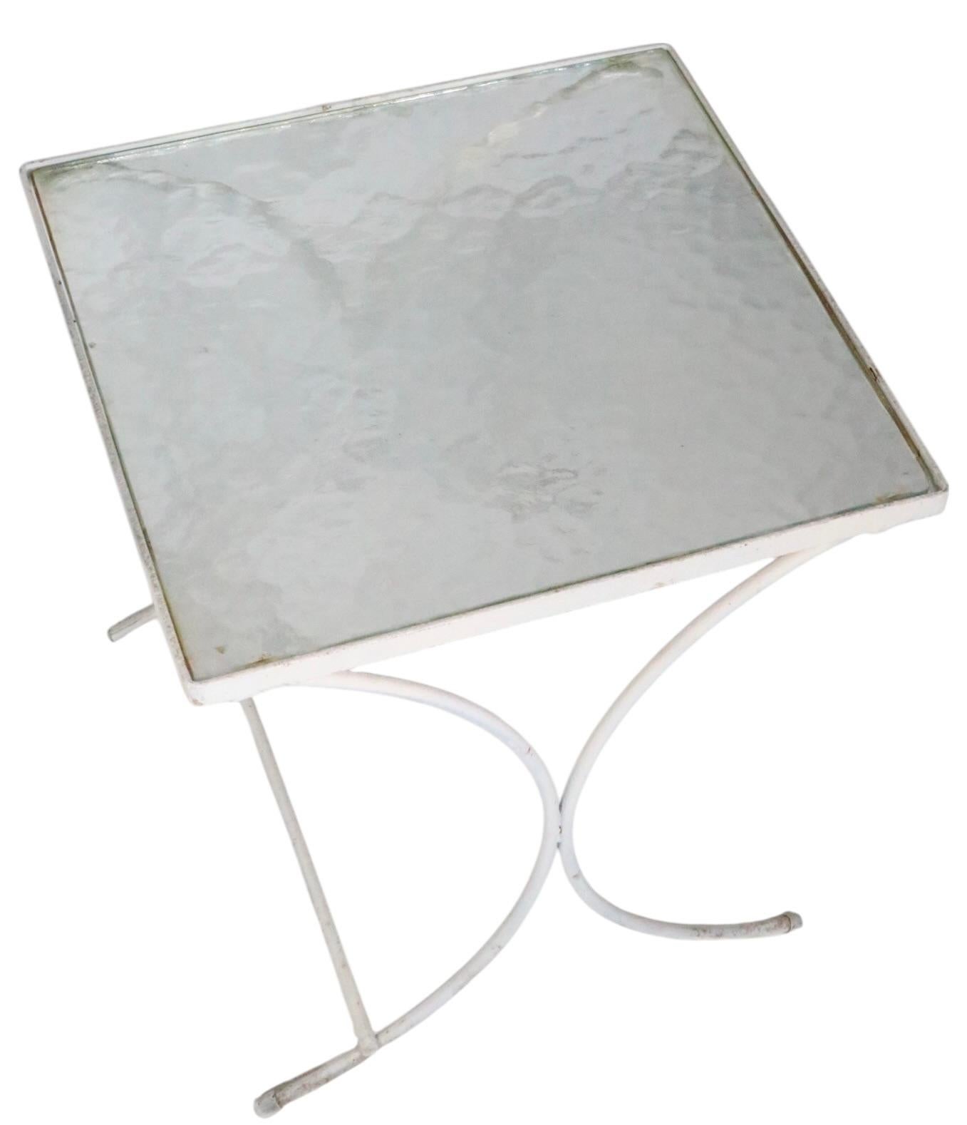 Set of Three Nesting Garden Patio Poolside Wrought Iron Textured Glass Tables For Sale 2