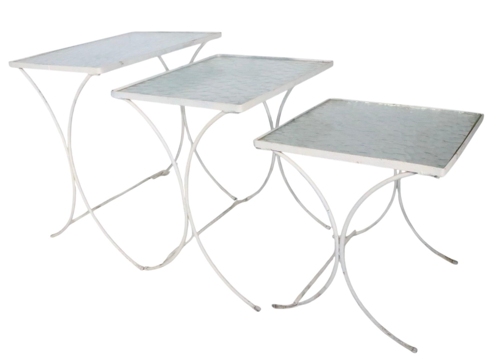Set of Three Nesting Garden Patio Poolside Wrought Iron Textured Glass Tables For Sale 3