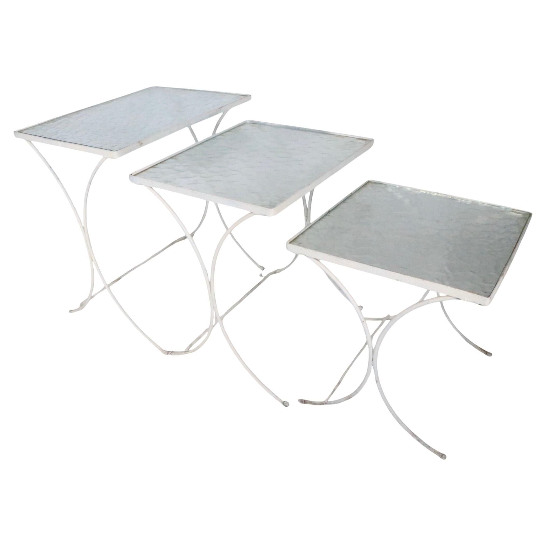 Set of Three Nesting Garden Patio Poolside Wrought Iron Textured Glass Tables For Sale