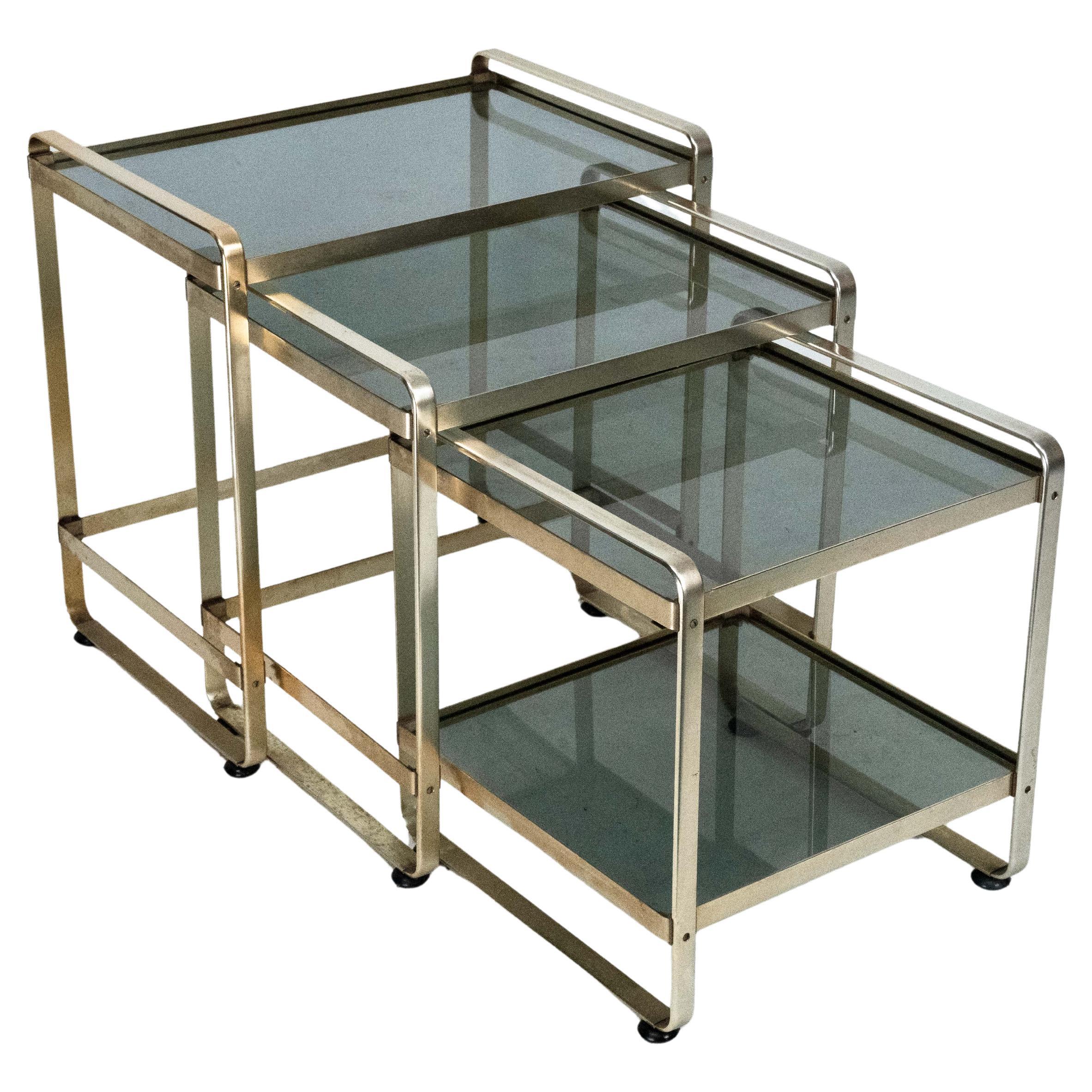 Set of Three Nesting Side Tables in Gilded Aluminum and Glass – Italy, 1970s
