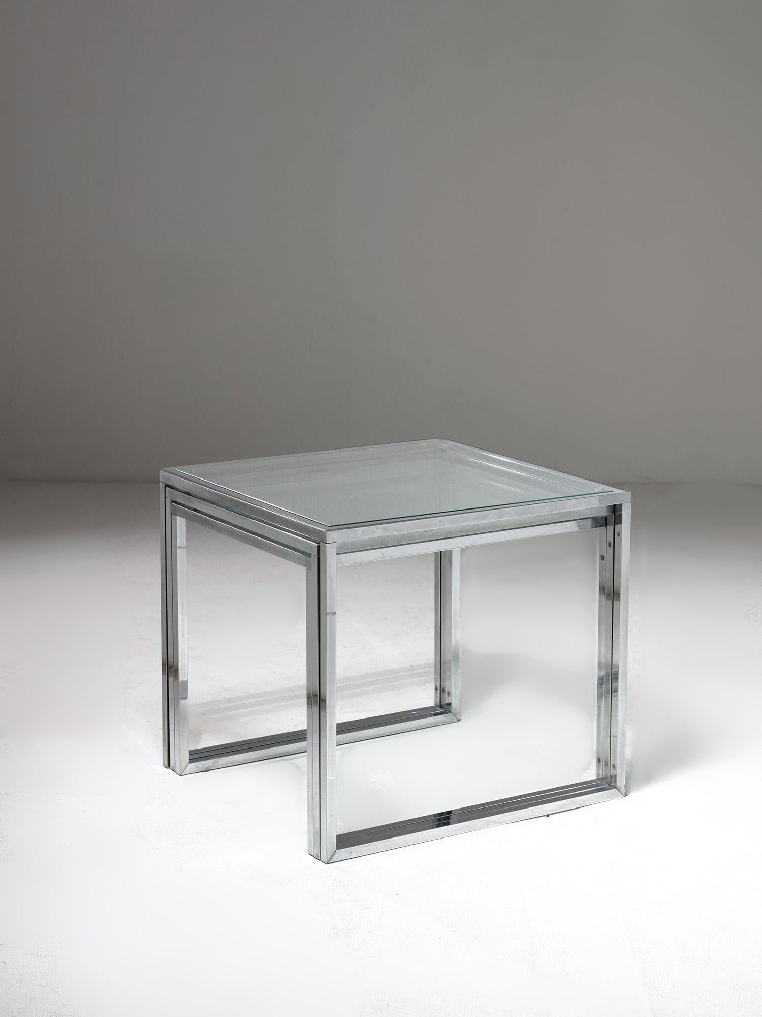 Italian Set of Three Steel and Glass Cubic Nesting Tables, Italy, 1970s For Sale