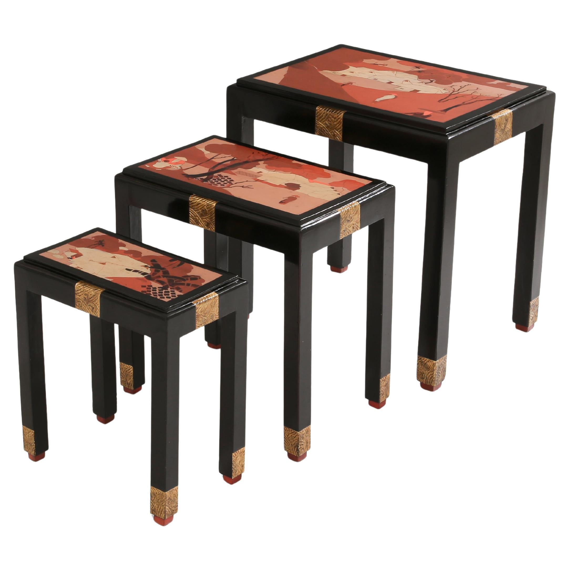 Set of three nesting tables asian decor ebonized and gilt wood 1920s