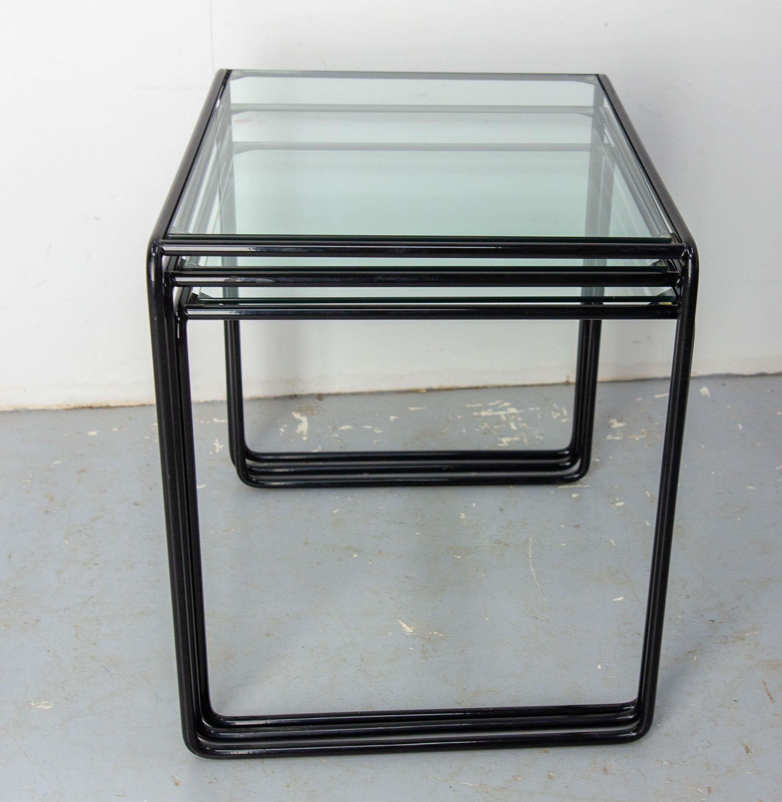 Late 20th Century Set of Three Nesting Tables French Bauhaus Style Metal and Glass circa 1970 For Sale