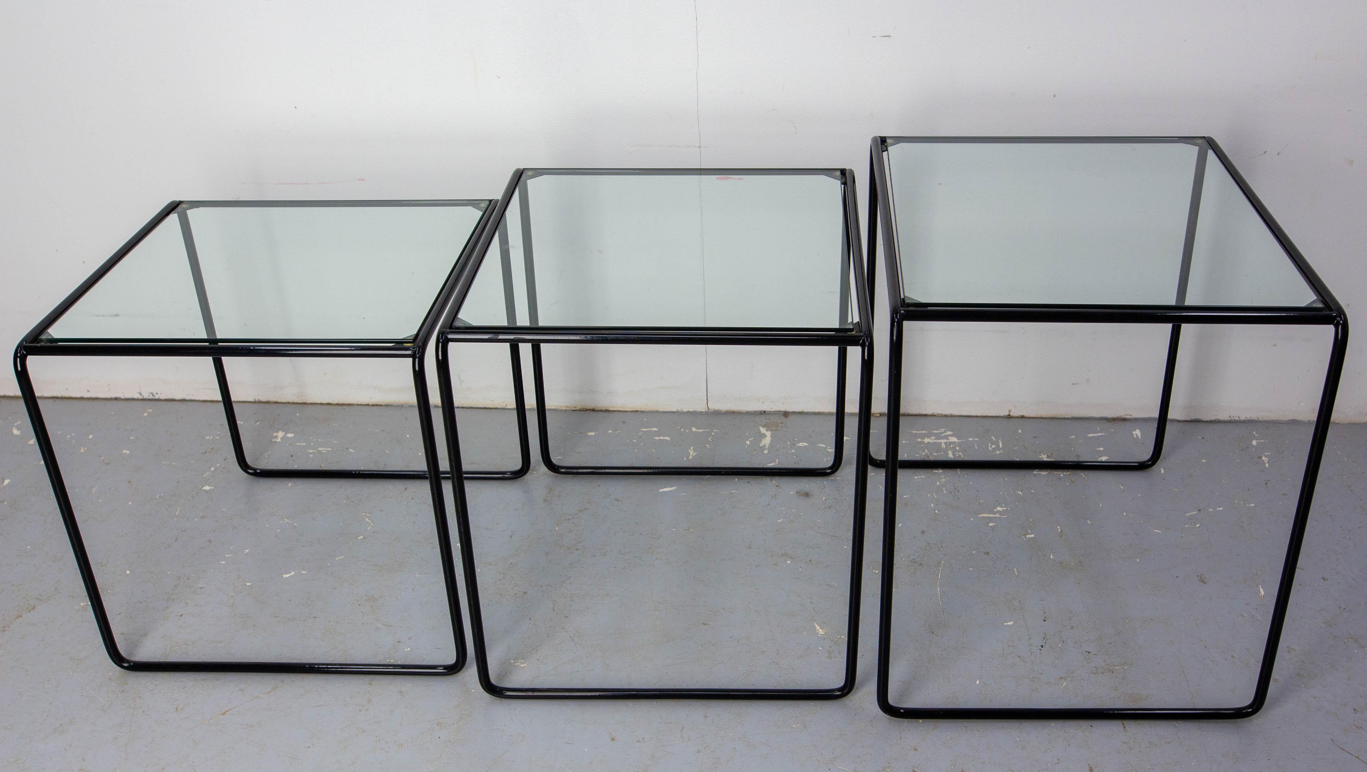 Set of Three Nesting Tables French Bauhaus Style Metal and Glass circa 1970 For Sale 1