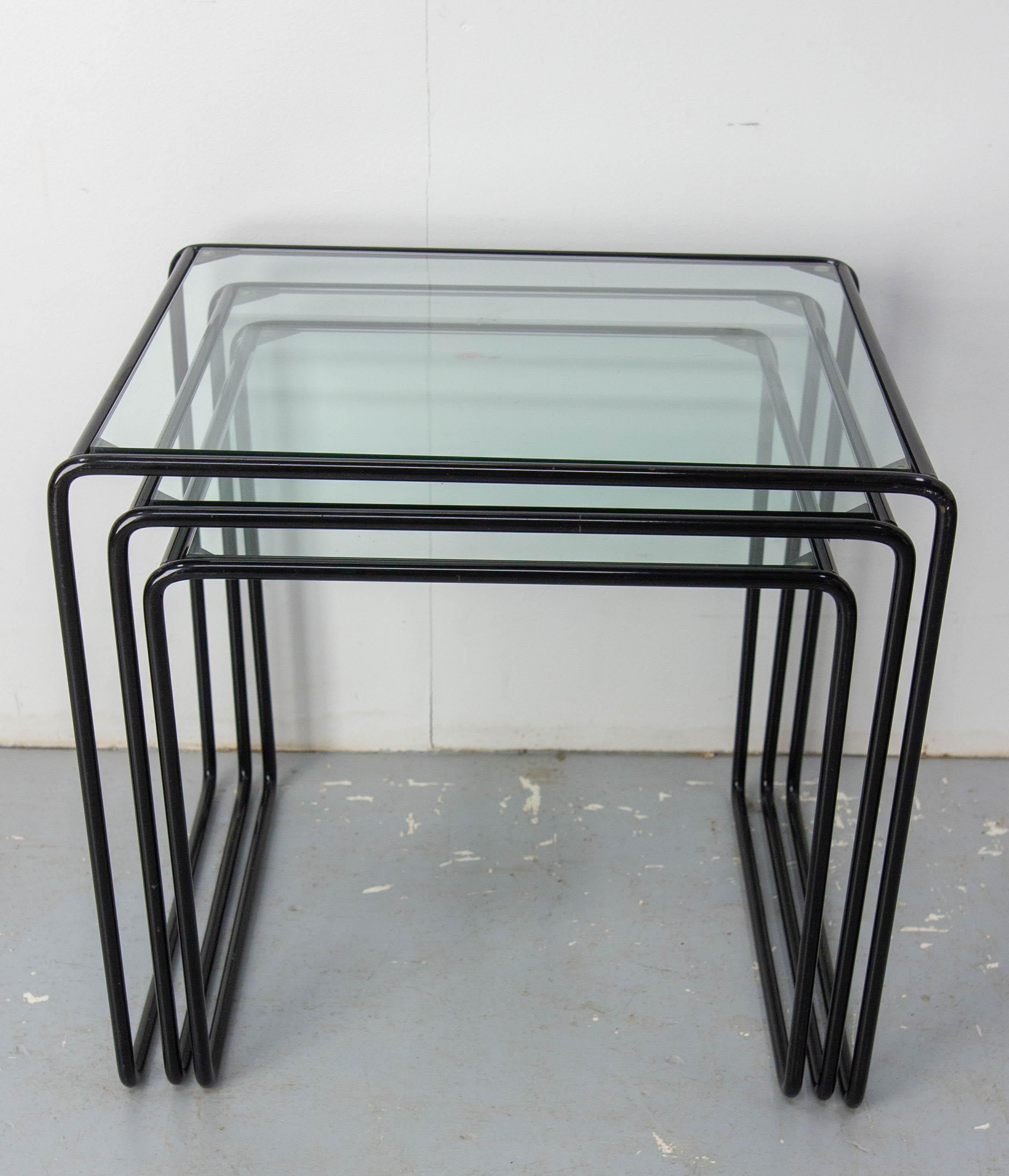Set of Three Nesting Tables French Bauhaus Style Metal and Glass circa 1970 For Sale 2