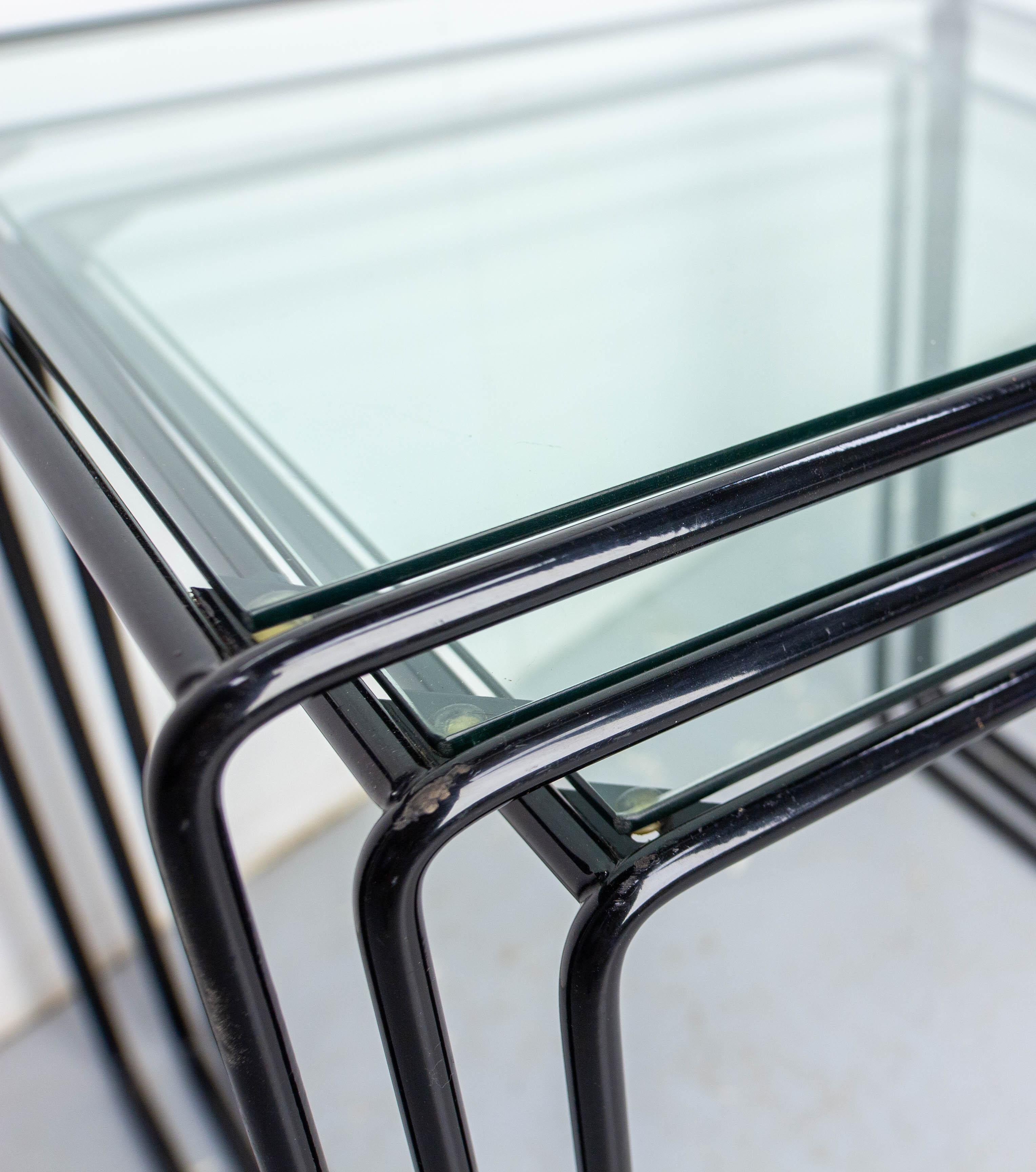 Set of Three Nesting Tables French Bauhaus Style Metal and Glass circa 1970 For Sale 4