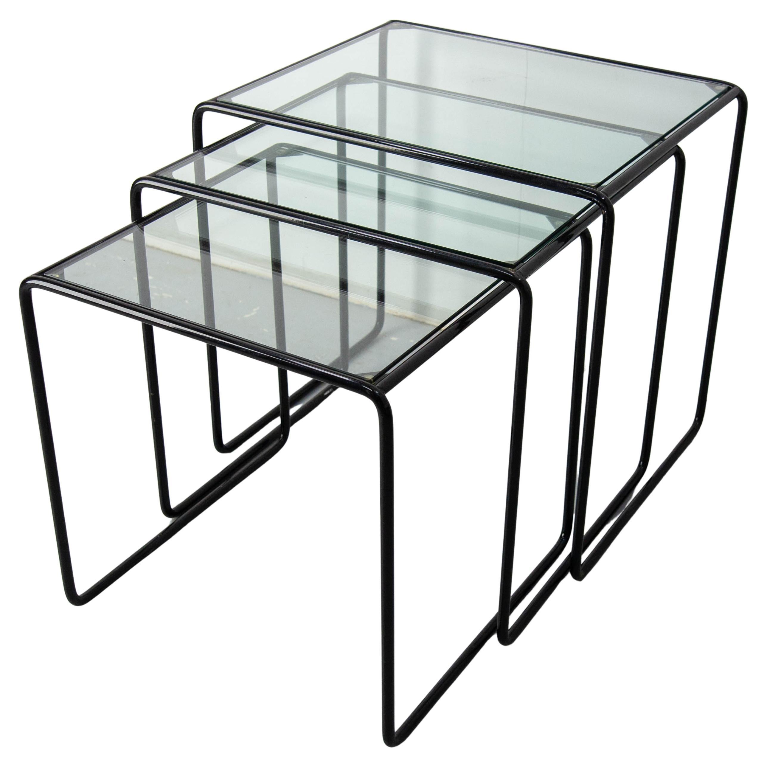 Set of Three Nesting Tables French Bauhaus Style Metal and Glass circa 1970 For Sale