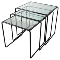 Set of Three Nesting Tables French Bauhaus Style Metal and Glass circa 1970