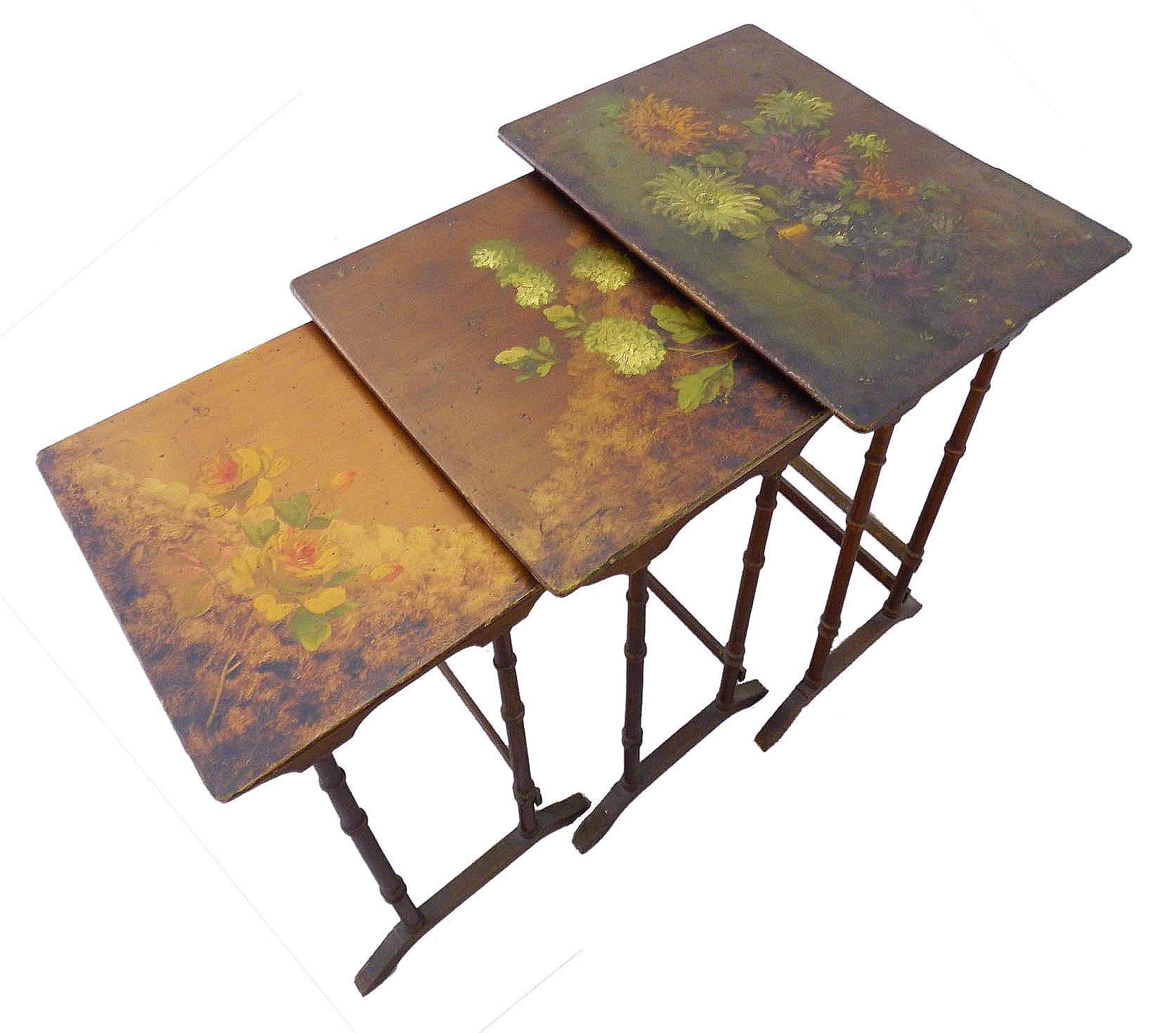 French Provincial Nesting Tables French Original Painted One of a Kind Floral Tops 19th Century