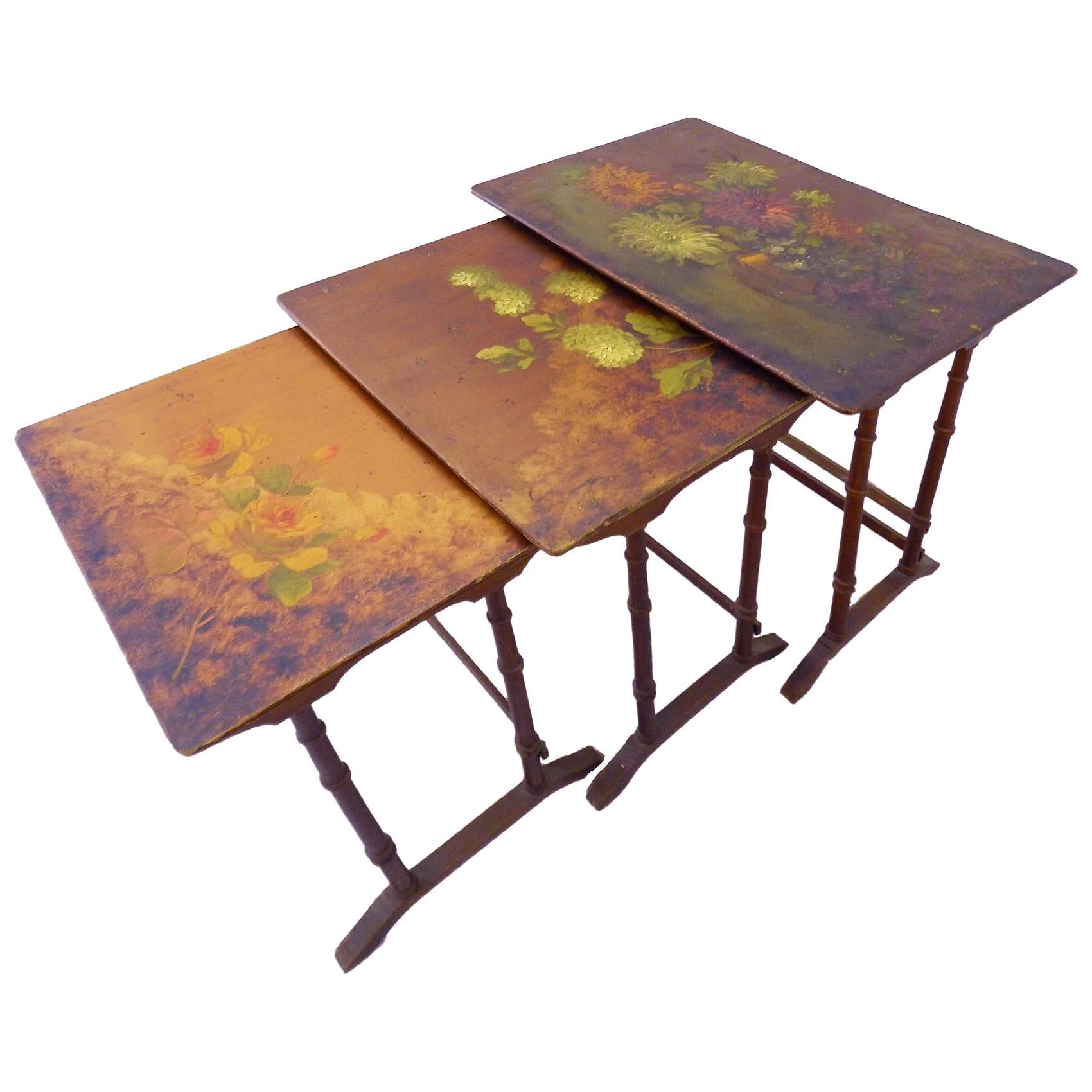 Nesting Tables French Original Painted One of a Kind Floral Tops 19th Century