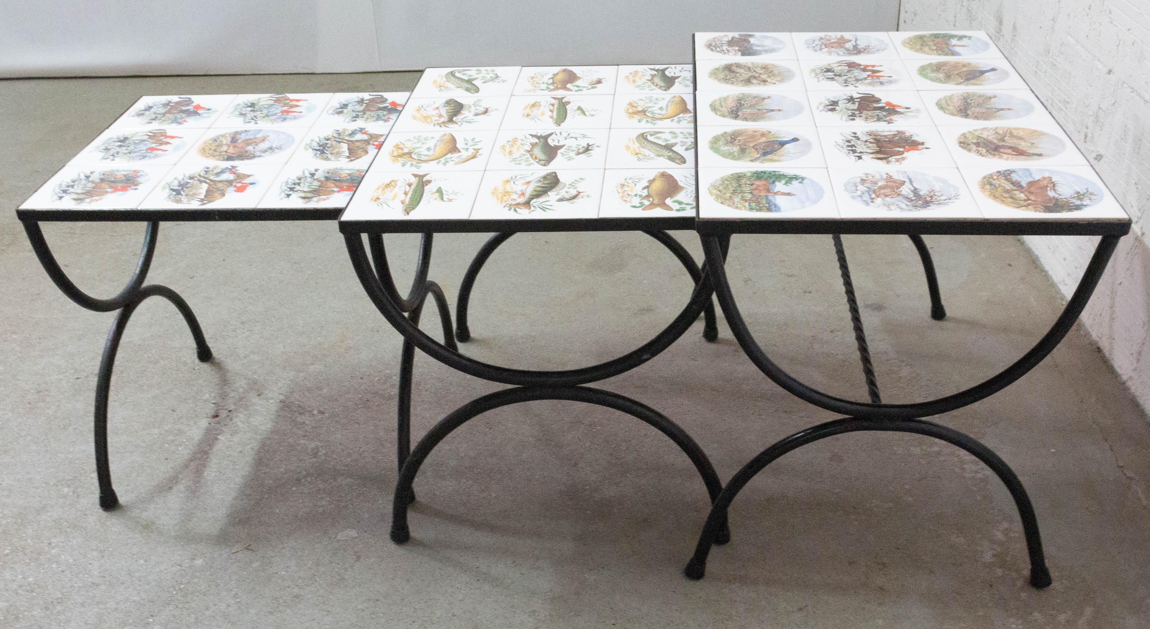 Enameled Set of Three Nesting Tables French Hunting Sceneries and Fishes Tiles Top Mid-C