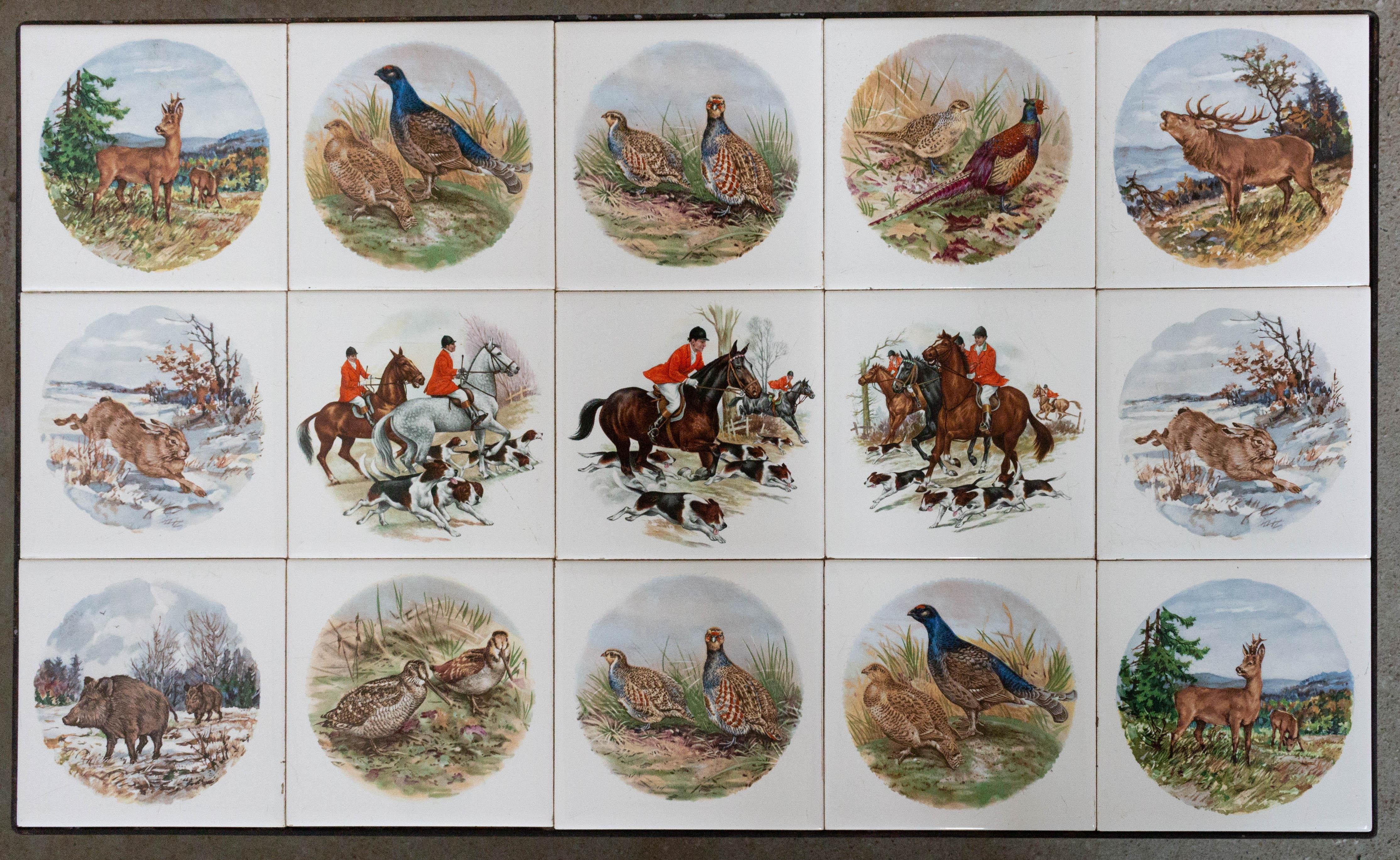 Mid-20th Century Set of Three Nesting Tables French Hunting Sceneries and Fishes Tiles Top Mid-C