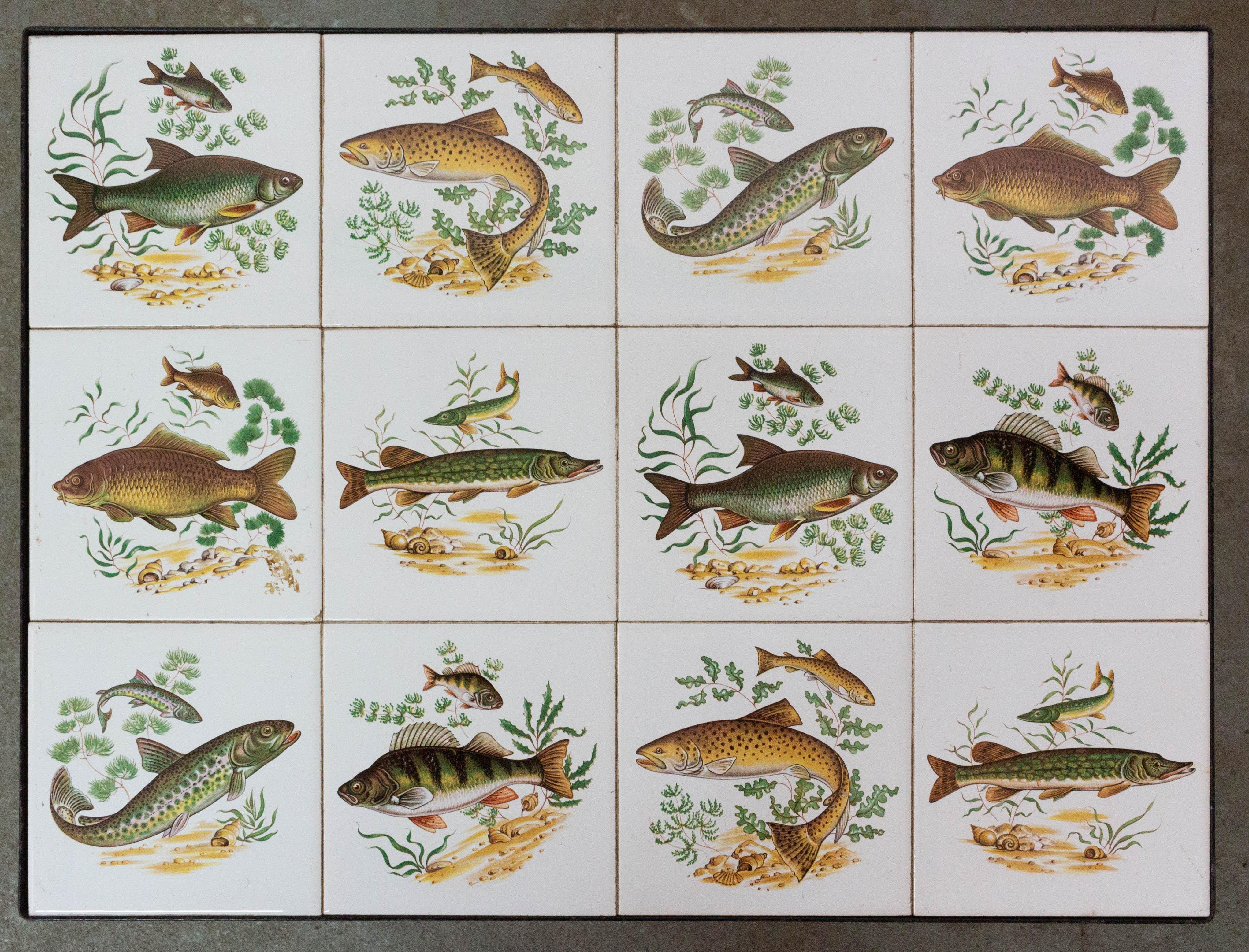 Wrought Iron Set of Three Nesting Tables French Hunting Sceneries and Fishes Tiles Top Mid-C