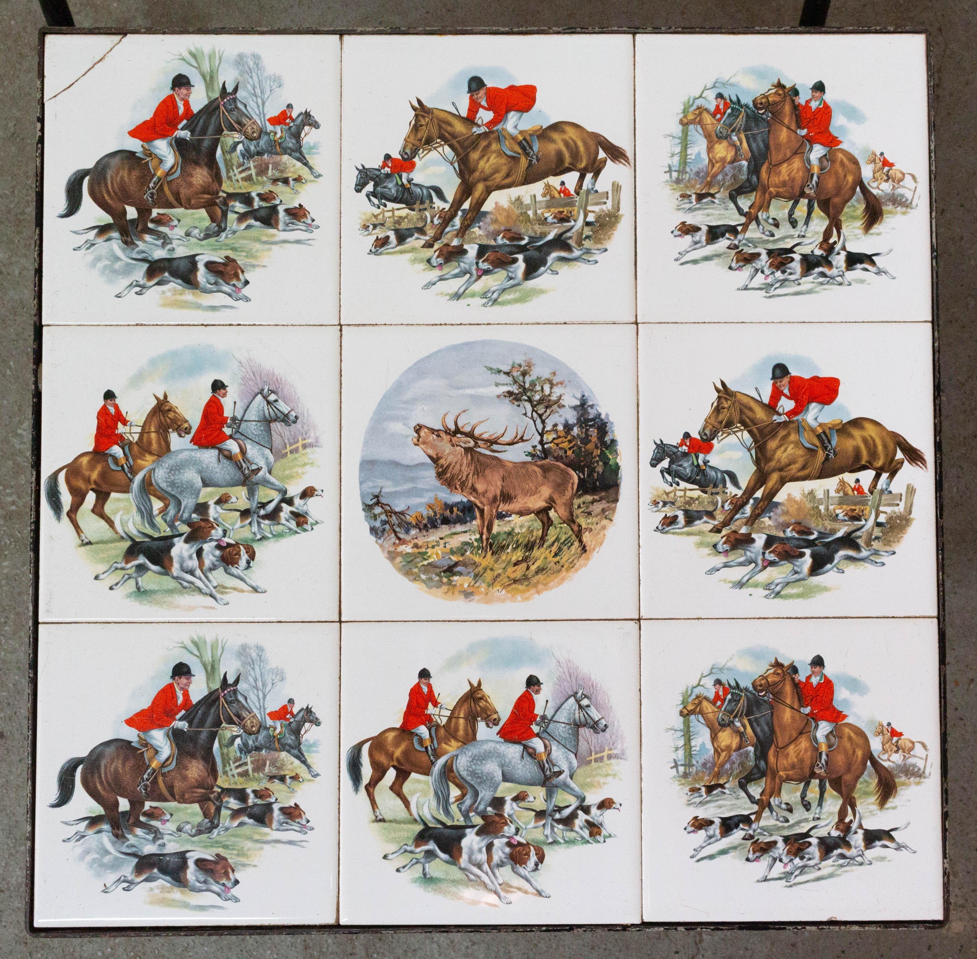 Set of Three Nesting Tables French Hunting Sceneries and Fishes Tiles Top Mid-C For Sale 1