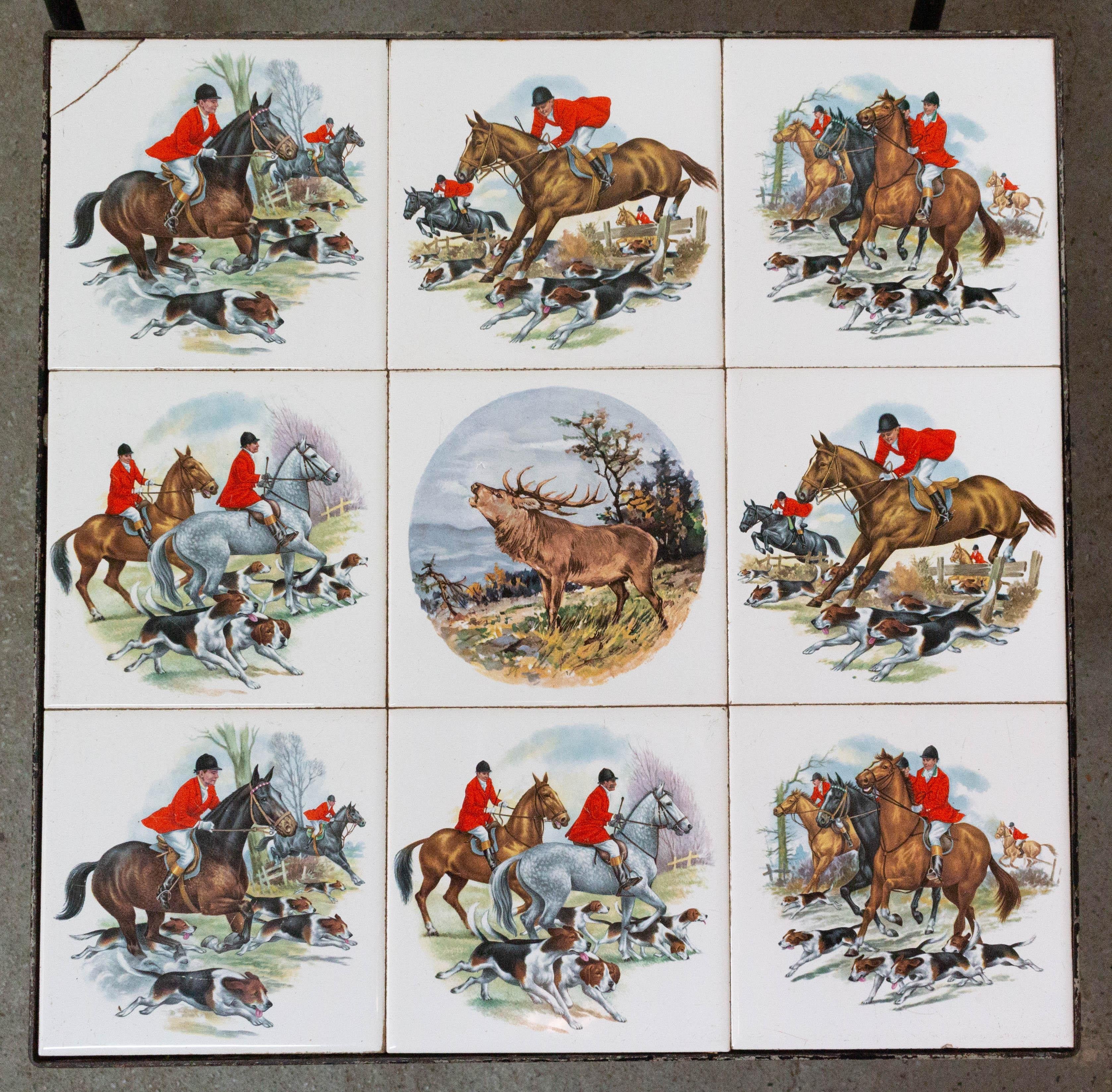 Set of Three Nesting Tables French Hunting Sceneries and Fishes Tiles Top Mid-C 1