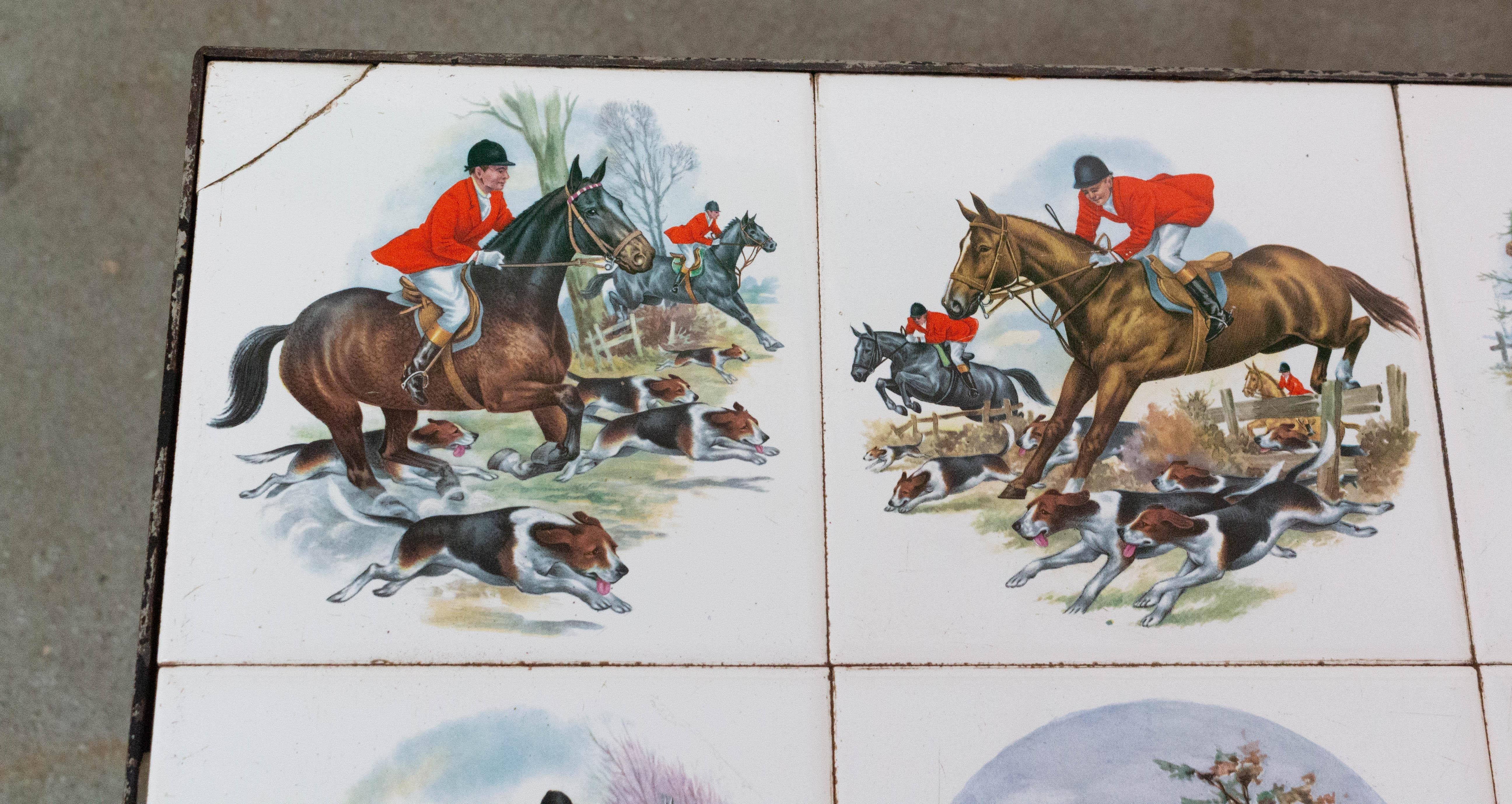 Set of Three Nesting Tables French Hunting Sceneries and Fishes Tiles Top Mid-C For Sale 2