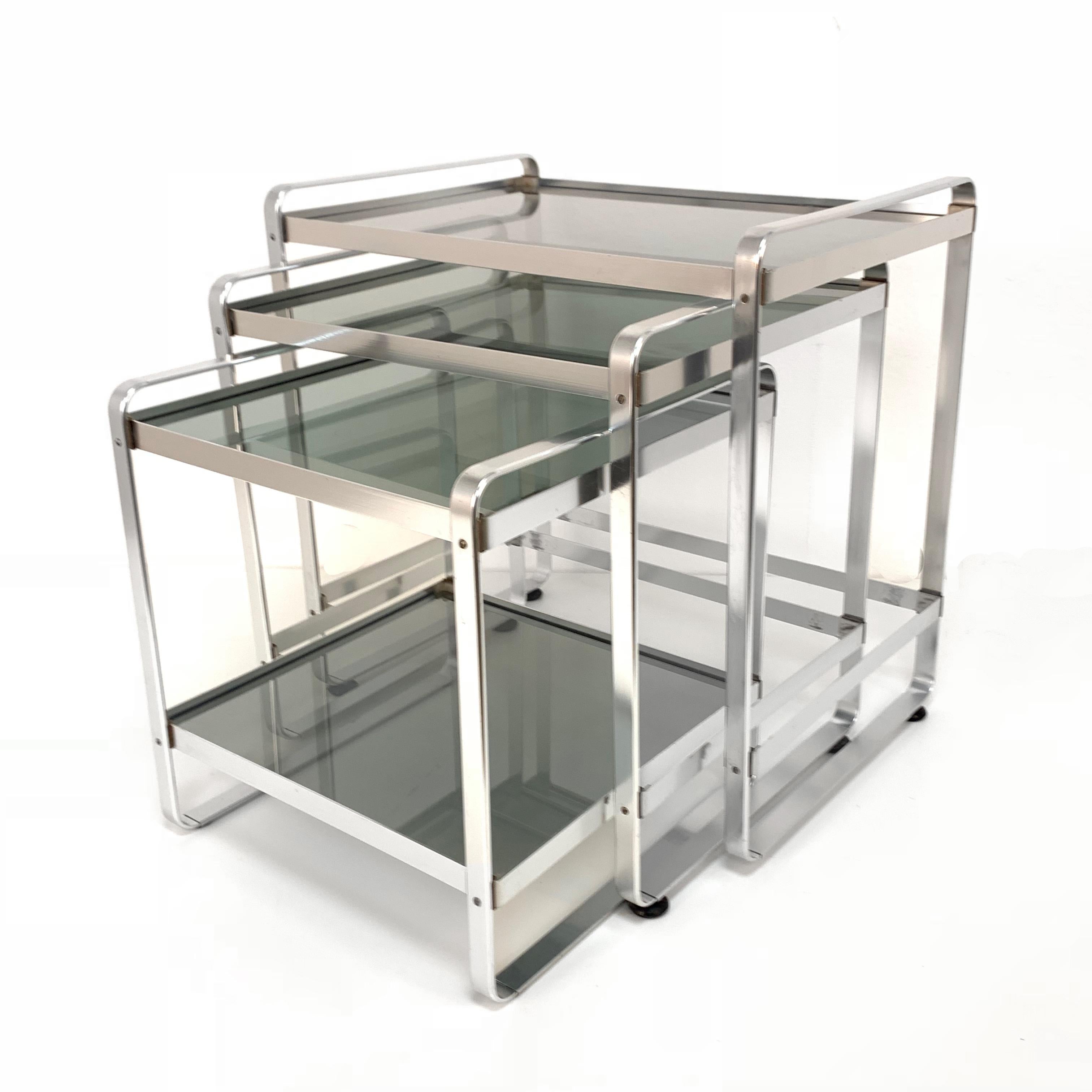 Set of Three Nesting Tables in Aluminum and Smoked Glass, Italy, 1970s End Table 5