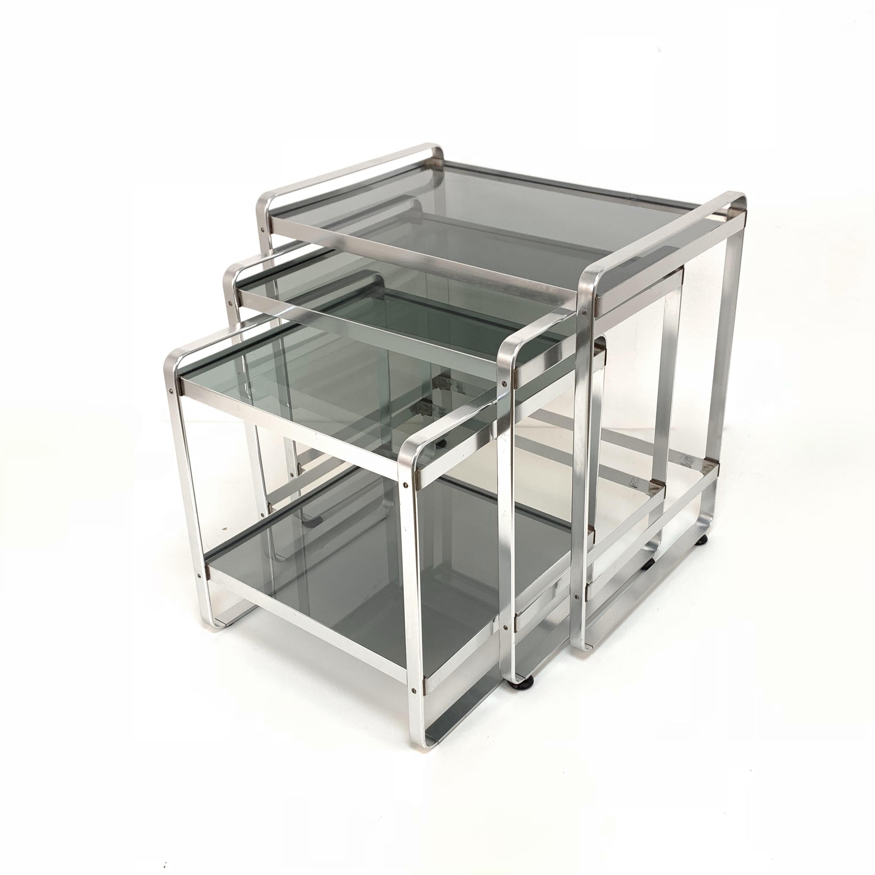 Italian Set of Three Nesting Tables in Aluminum and Smoked Glass, Italy, 1970s End Table