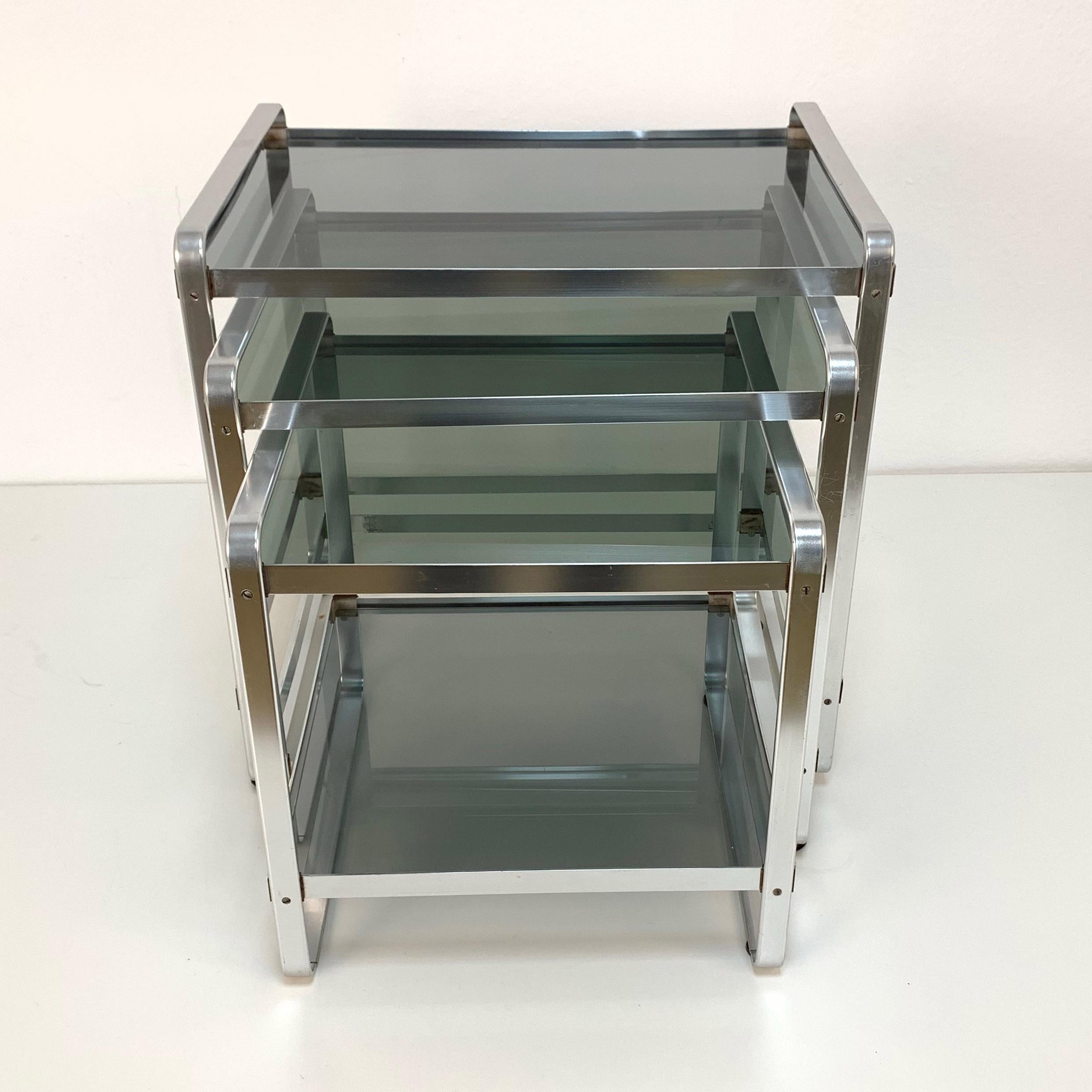 Set of Three Nesting Tables in Aluminum and Smoked Glass, Italy, 1970s End Table 1