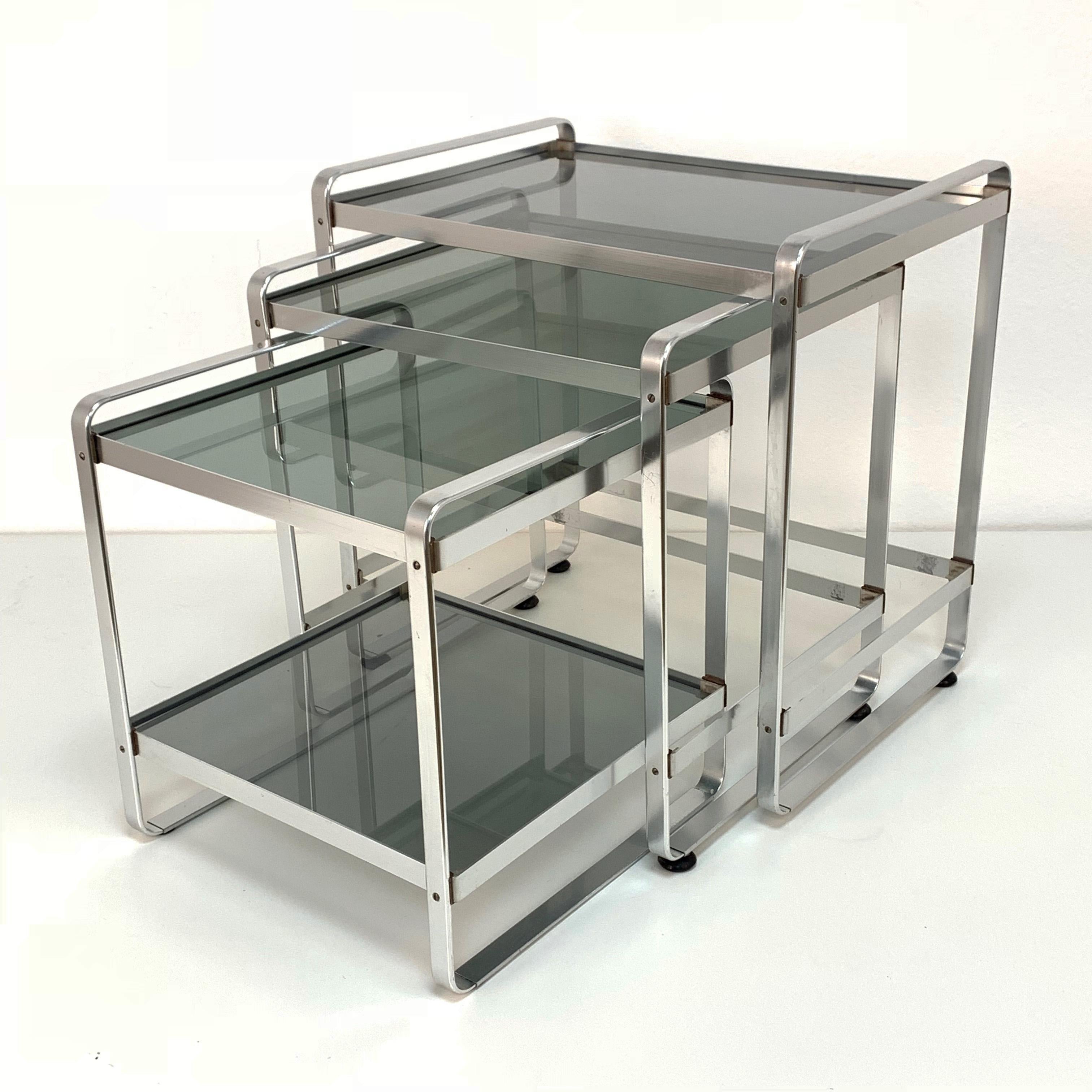 Set of Three Nesting Tables in Aluminum and Smoked Glass, Italy, 1970s End Table 2