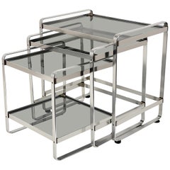 Set of Three Nesting Tables in Aluminum and Smoked Glass, Italy, 1970s End Table