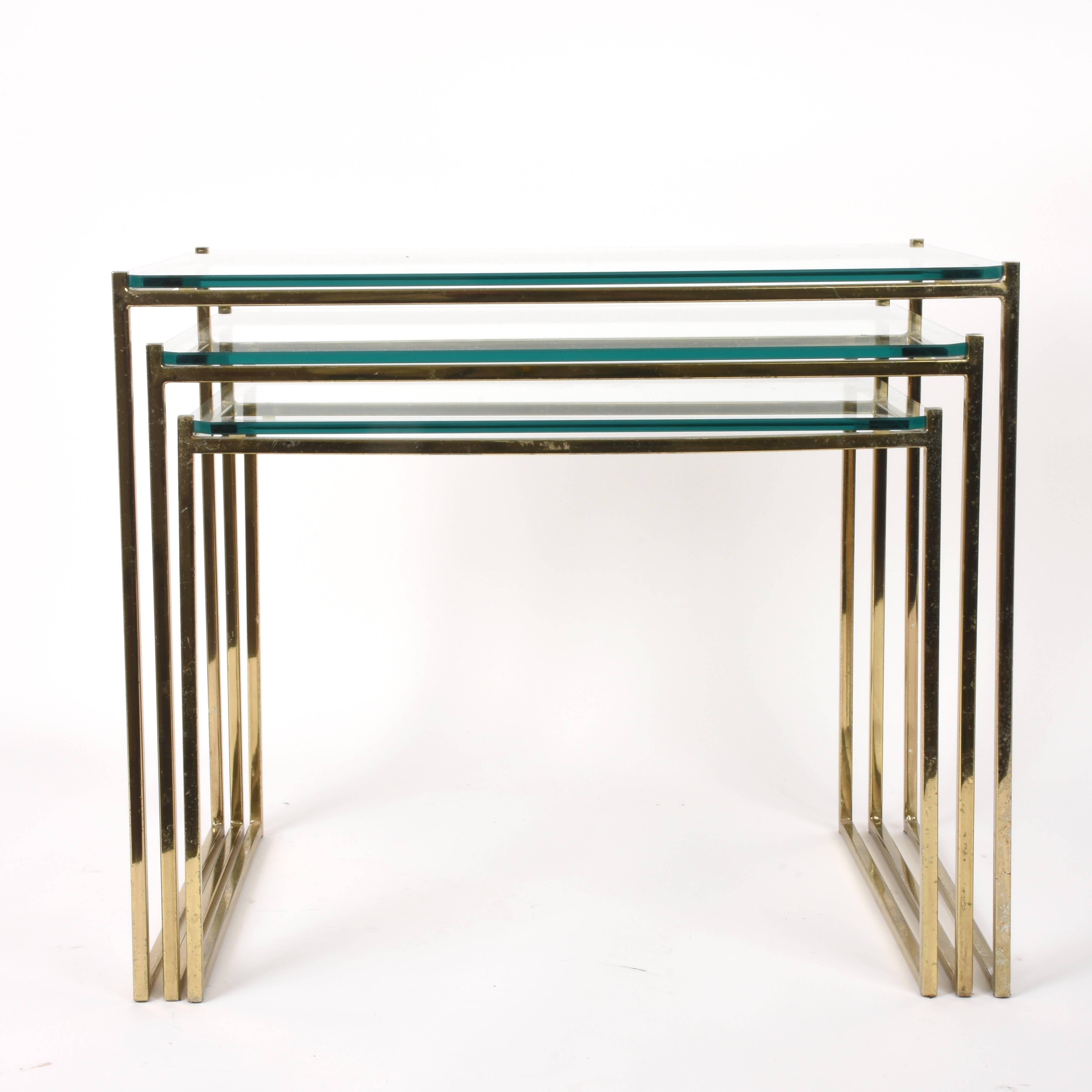 Set of Three Nesting Tables in Brass and Glass, Italy, 1970s Mid-Century Modern 1
