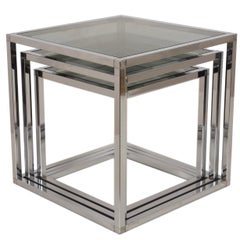 Set of Three Nesting Tables in Chrome and Glass, Italy, 1970s Mid-Century Modern