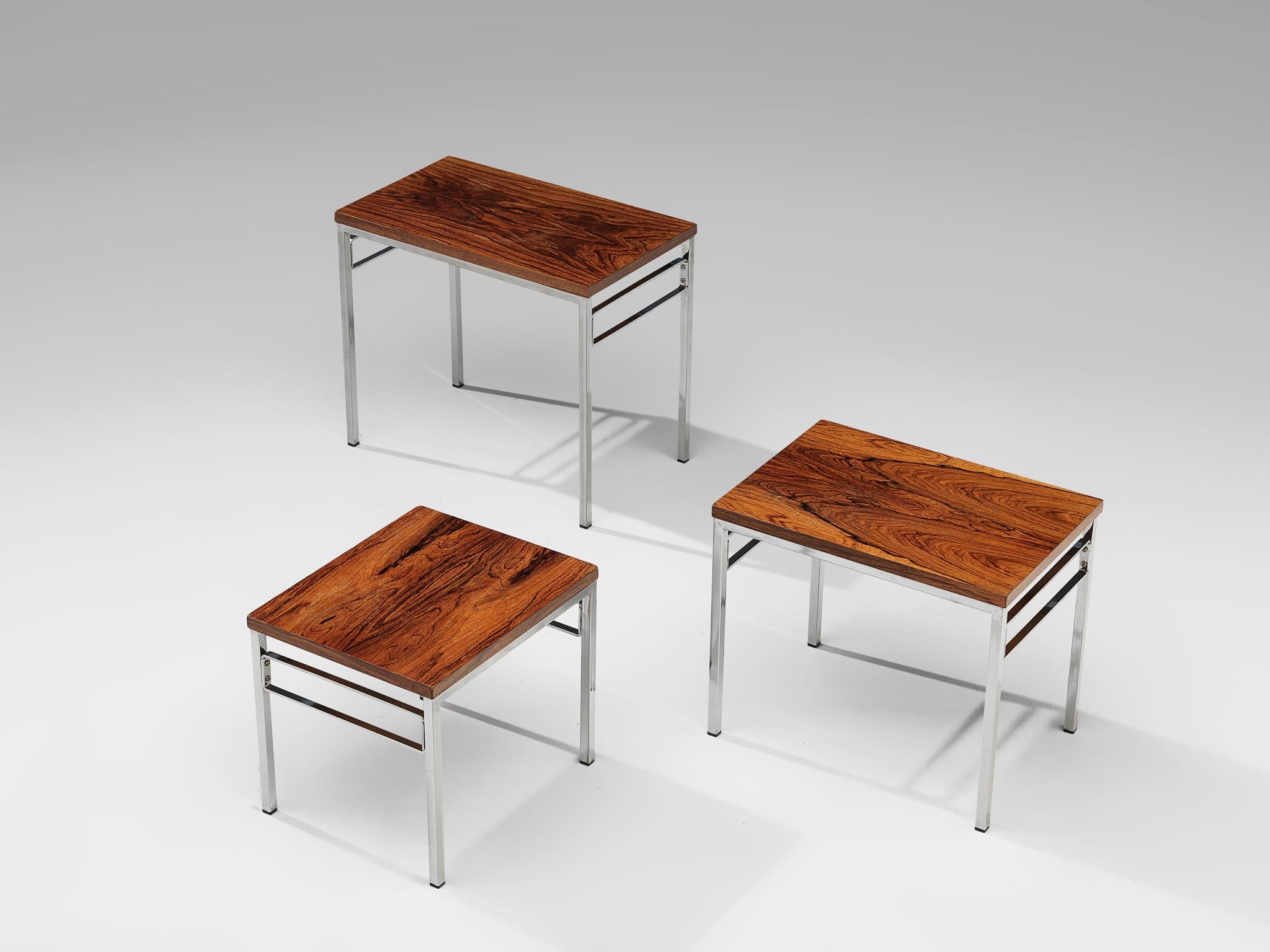 Mid-Century Modern Set of Three Nesting Tables in Chrome and Wood