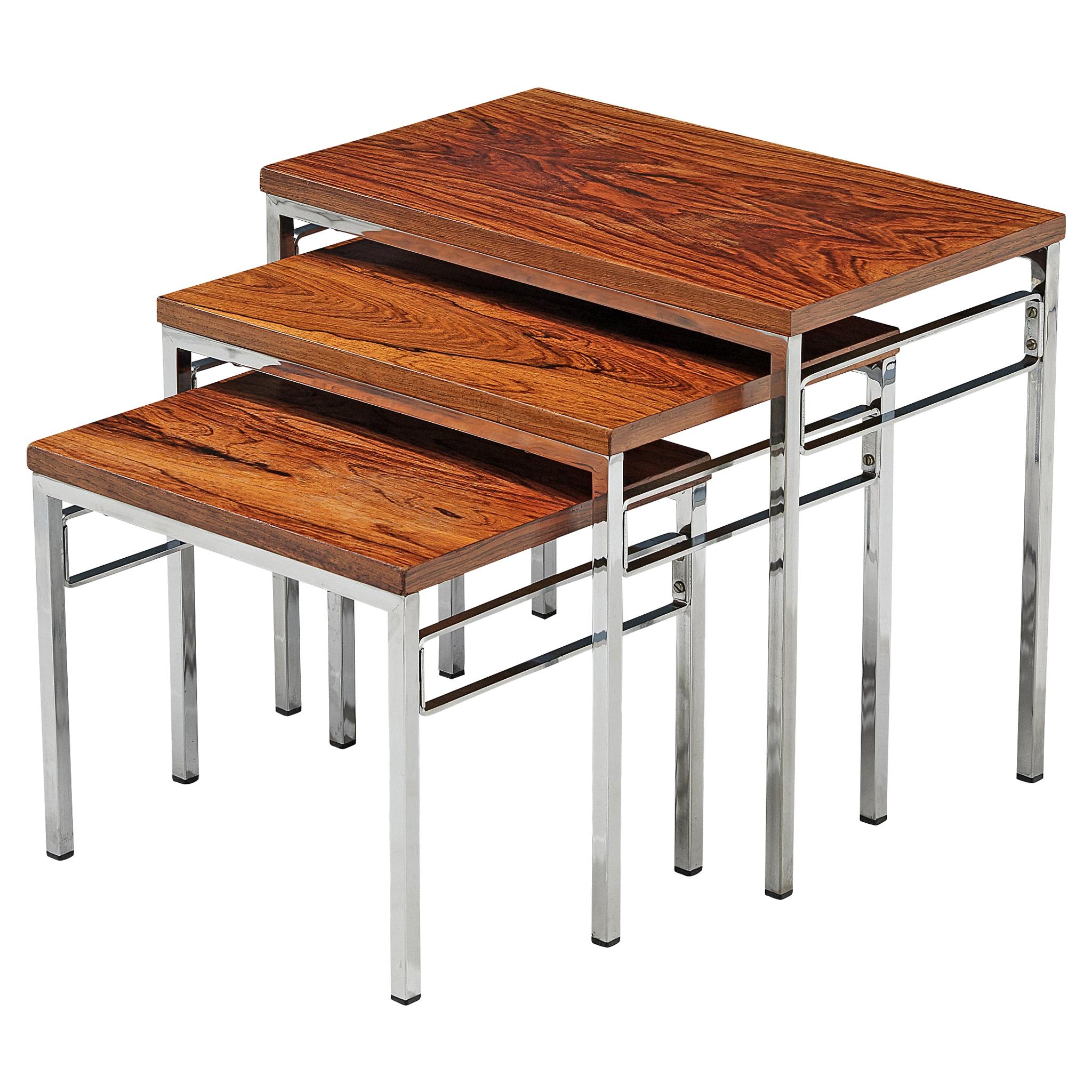 Set of Three Nesting Tables in Chrome and Wood