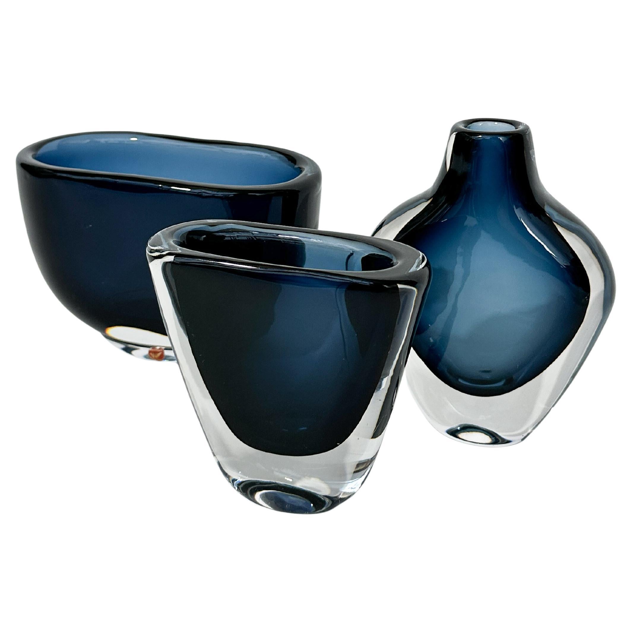 Set of Three Nils Landberg Vases Orrefors Midnight Blue Crystal Sweden 1960s
