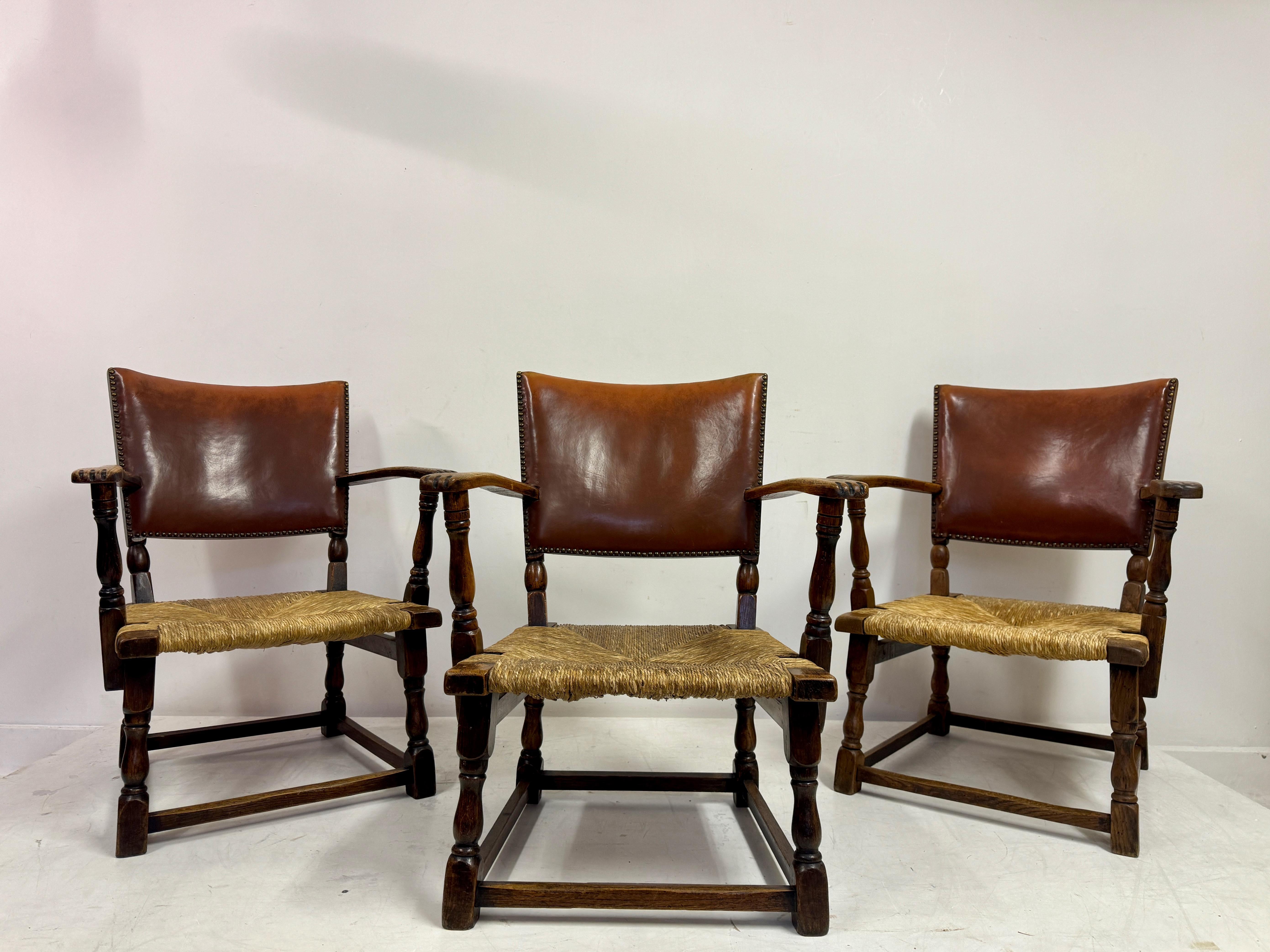 Set of Three Oak Armchairs with Rush and Leather Seats For Sale 6