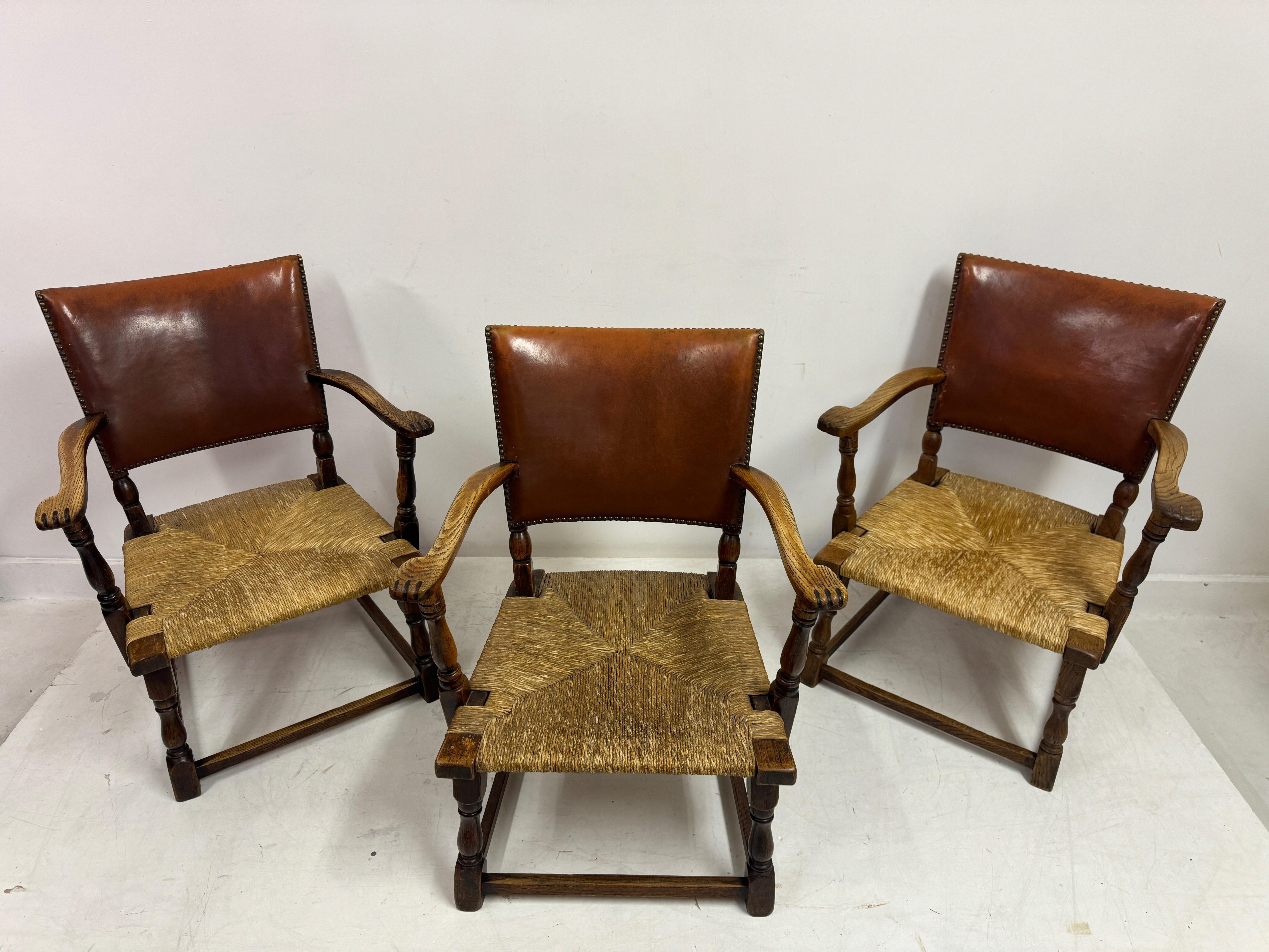 Set of Three Oak Armchairs with Rush and Leather Seats For Sale 7