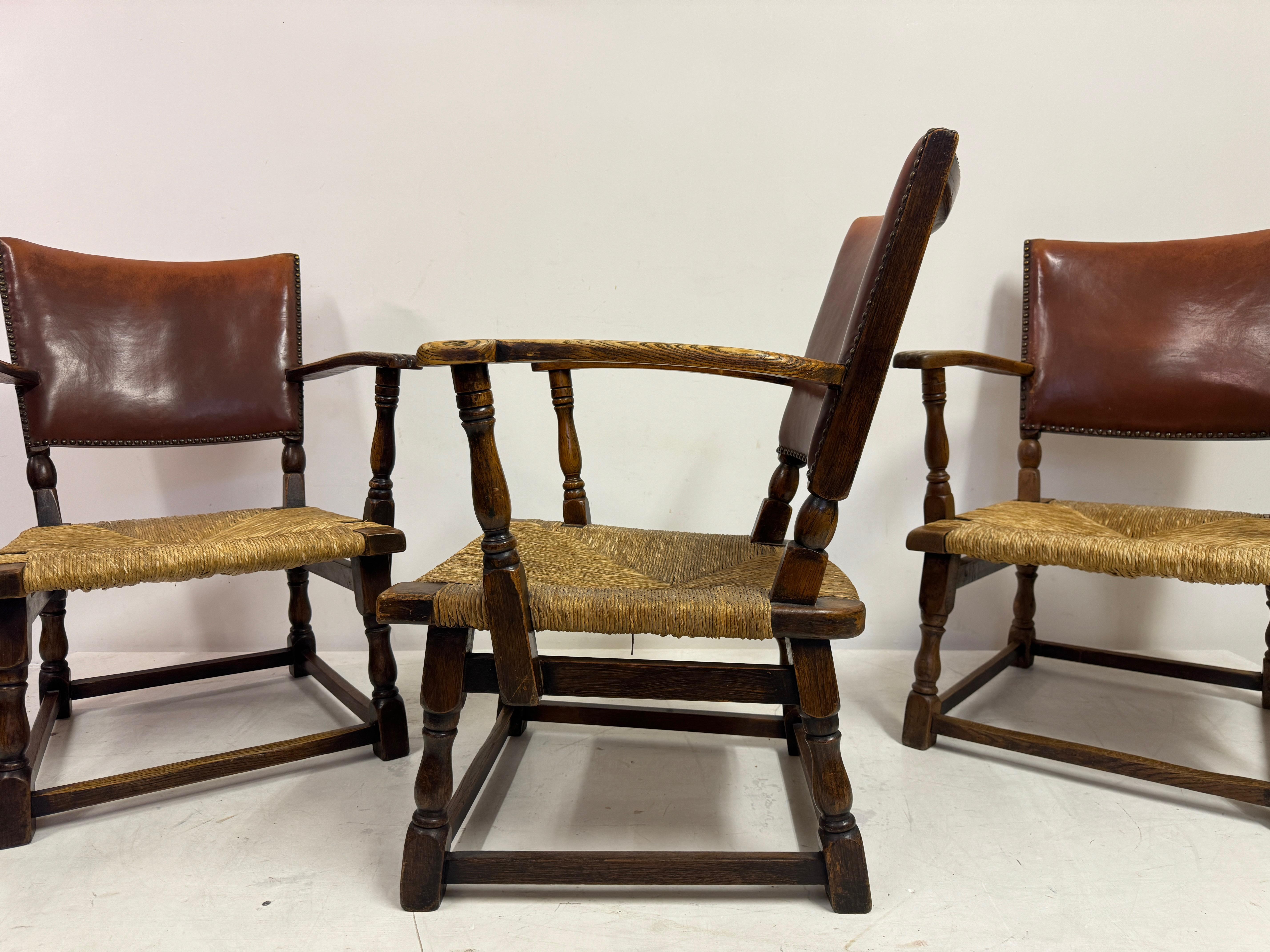 Set of Three Oak Armchairs with Rush and Leather Seats For Sale 8