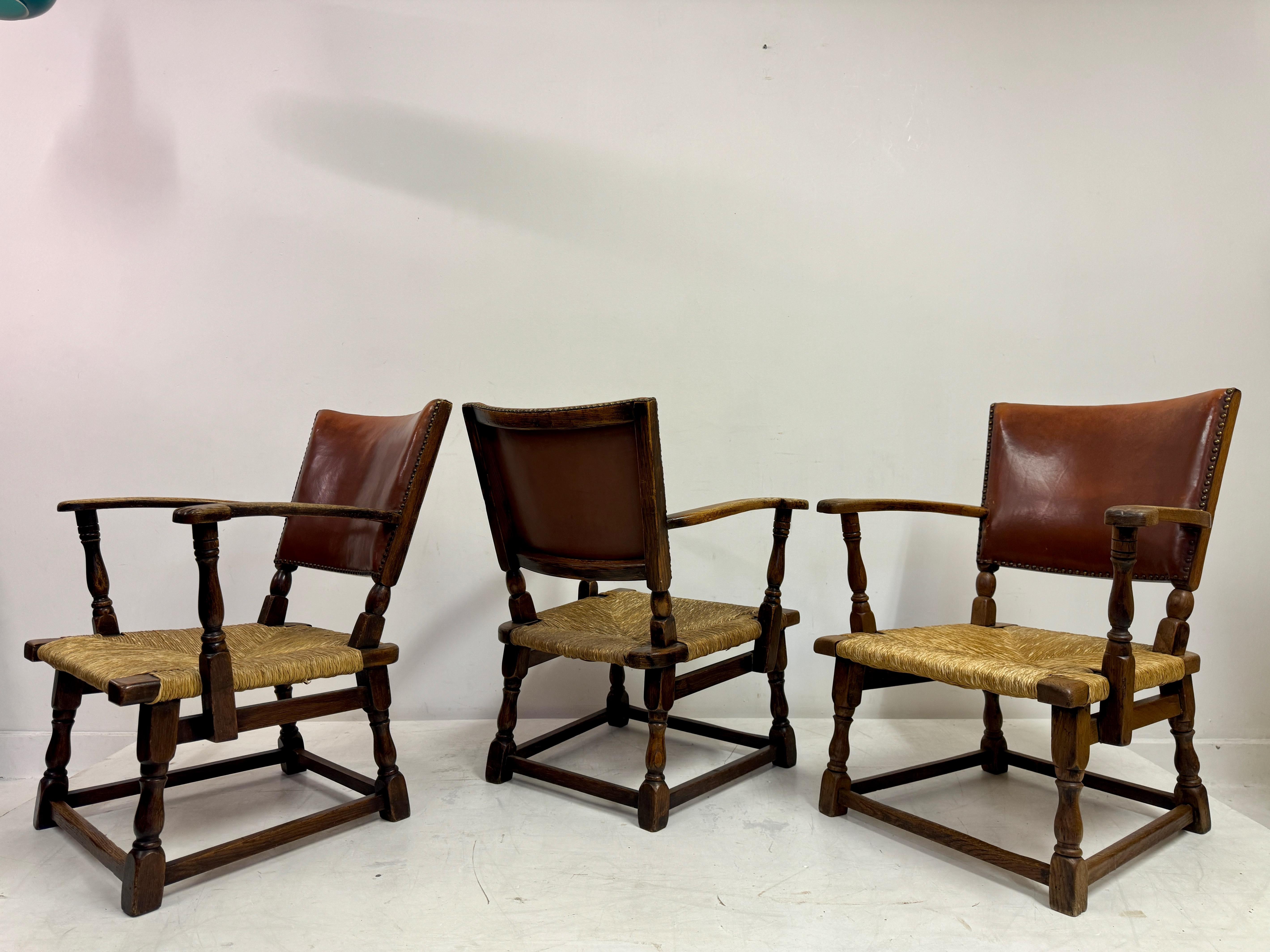 Set of Three Oak Armchairs with Rush and Leather Seats For Sale 10