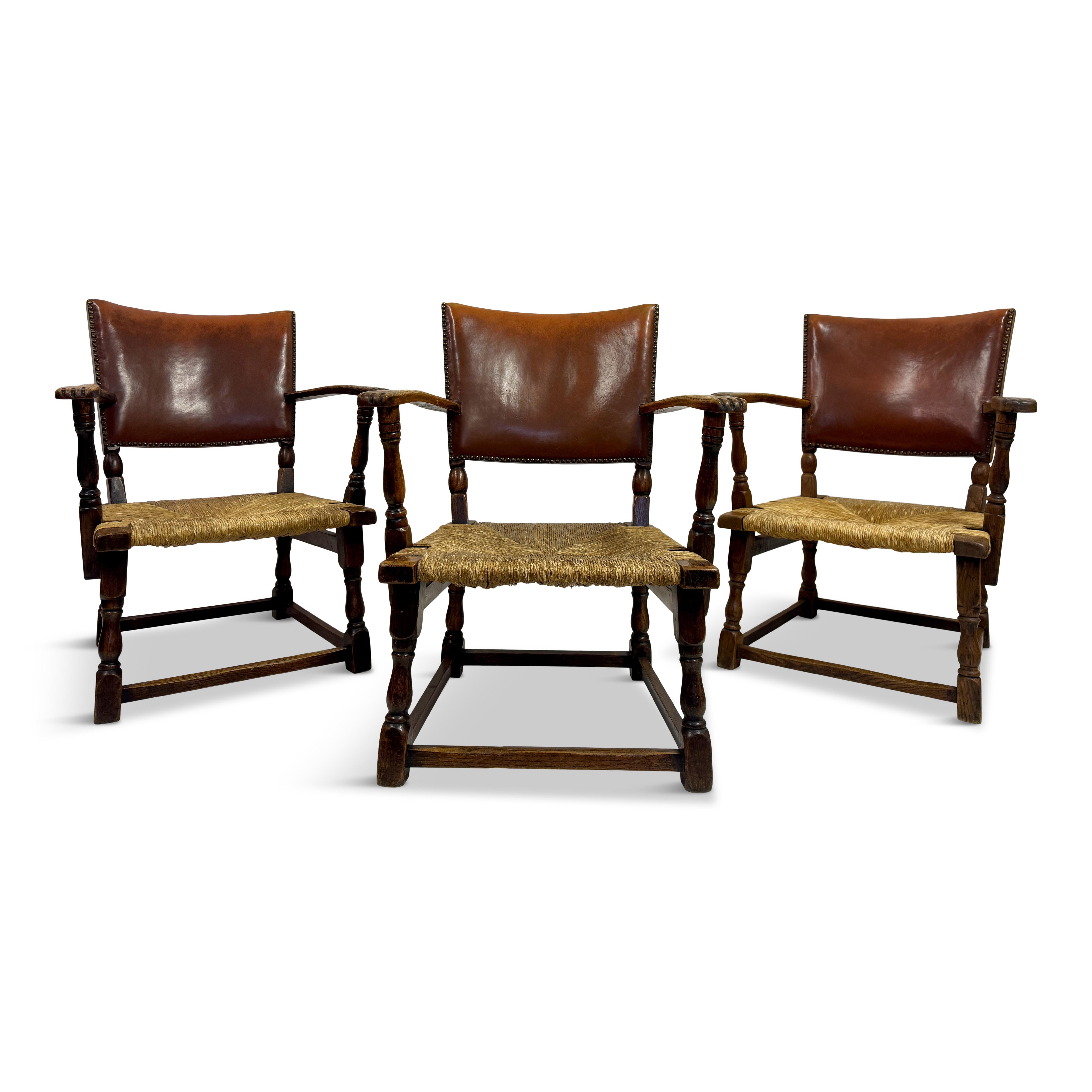 Set of Three Oak Armchairs with Rush and Leather Seats For Sale 11