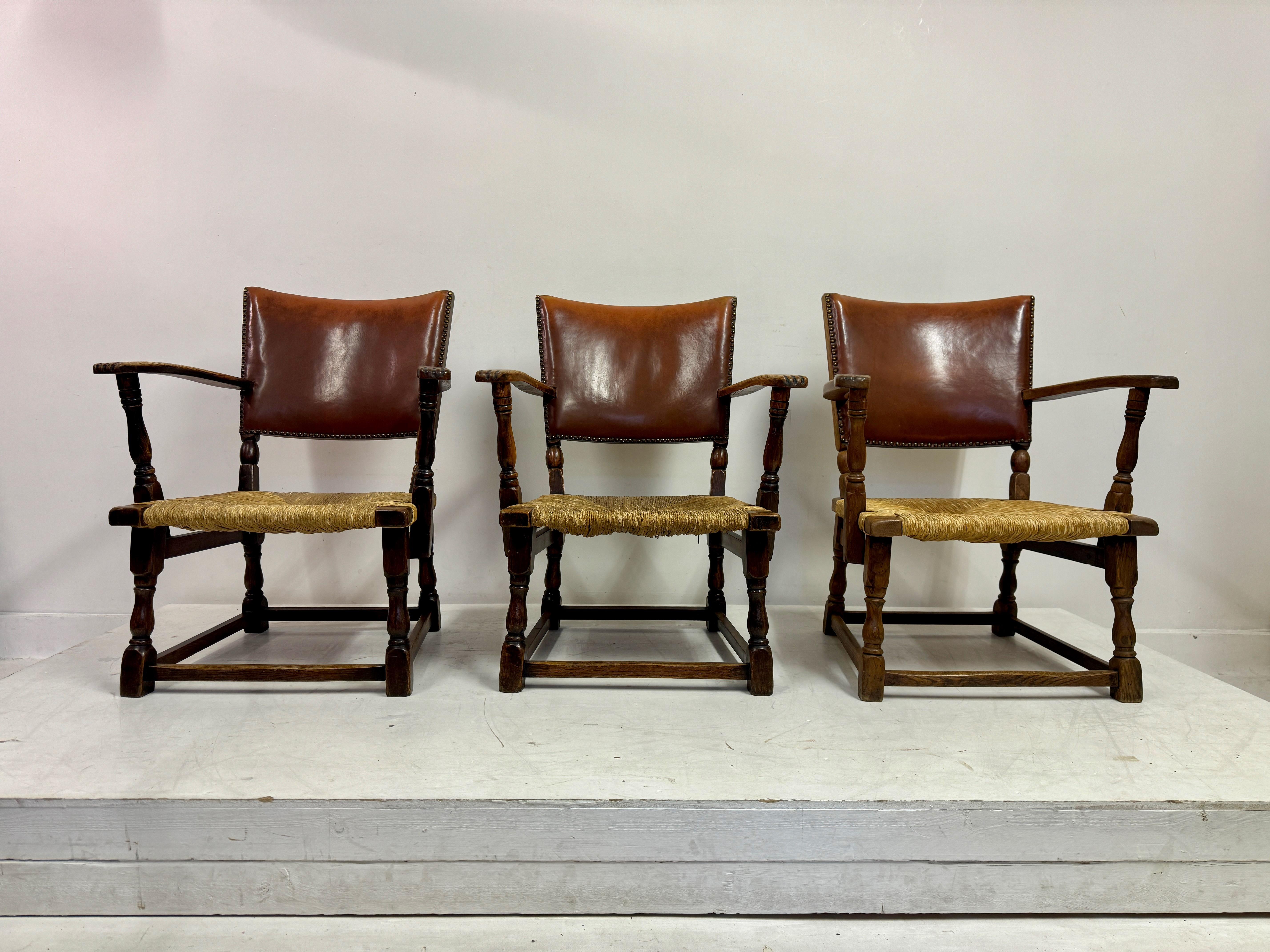 Mid-Century Modern Set of Three Oak Armchairs with Rush and Leather Seats For Sale