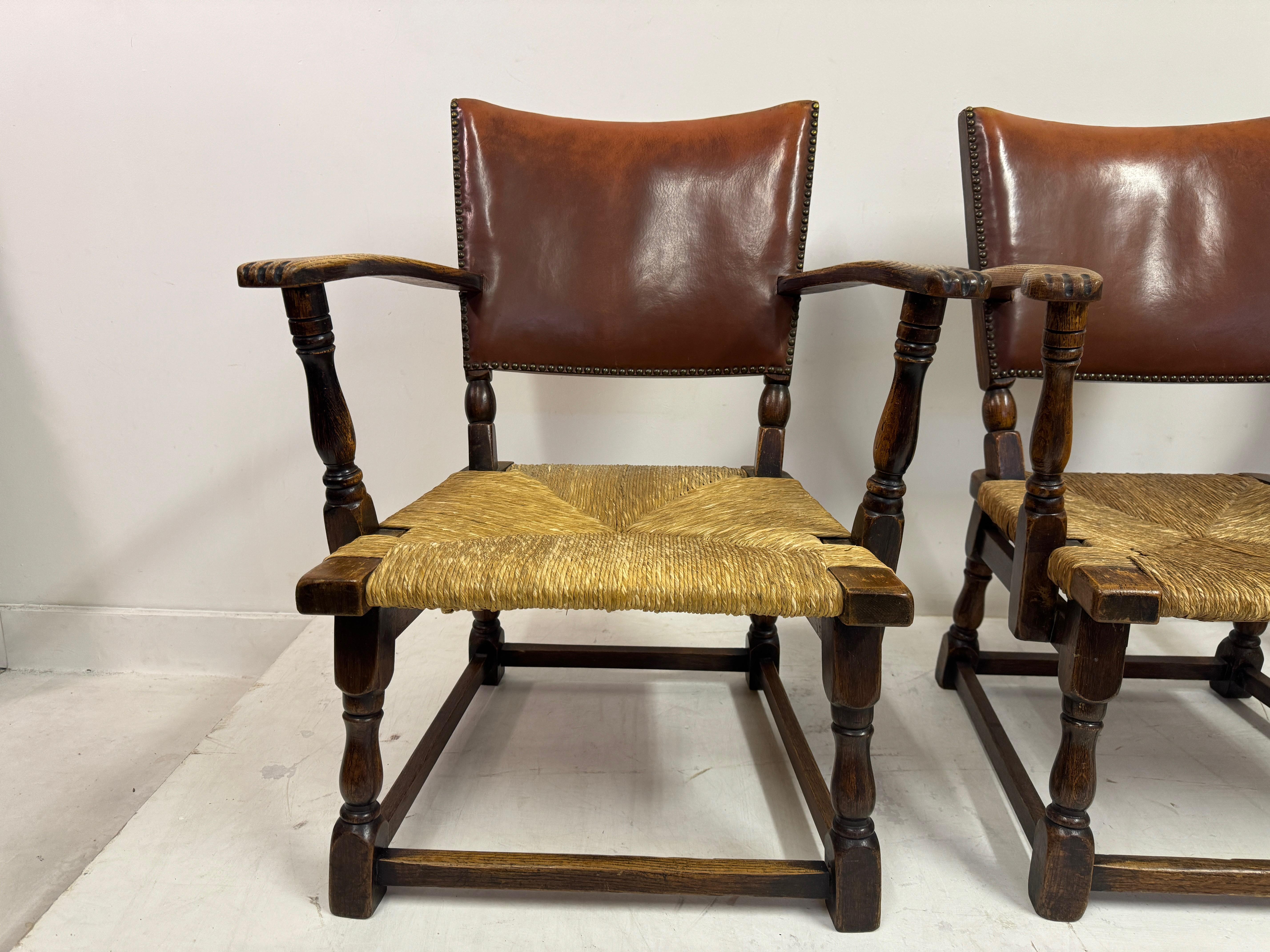 Dutch Set of Three Oak Armchairs with Rush and Leather Seats For Sale