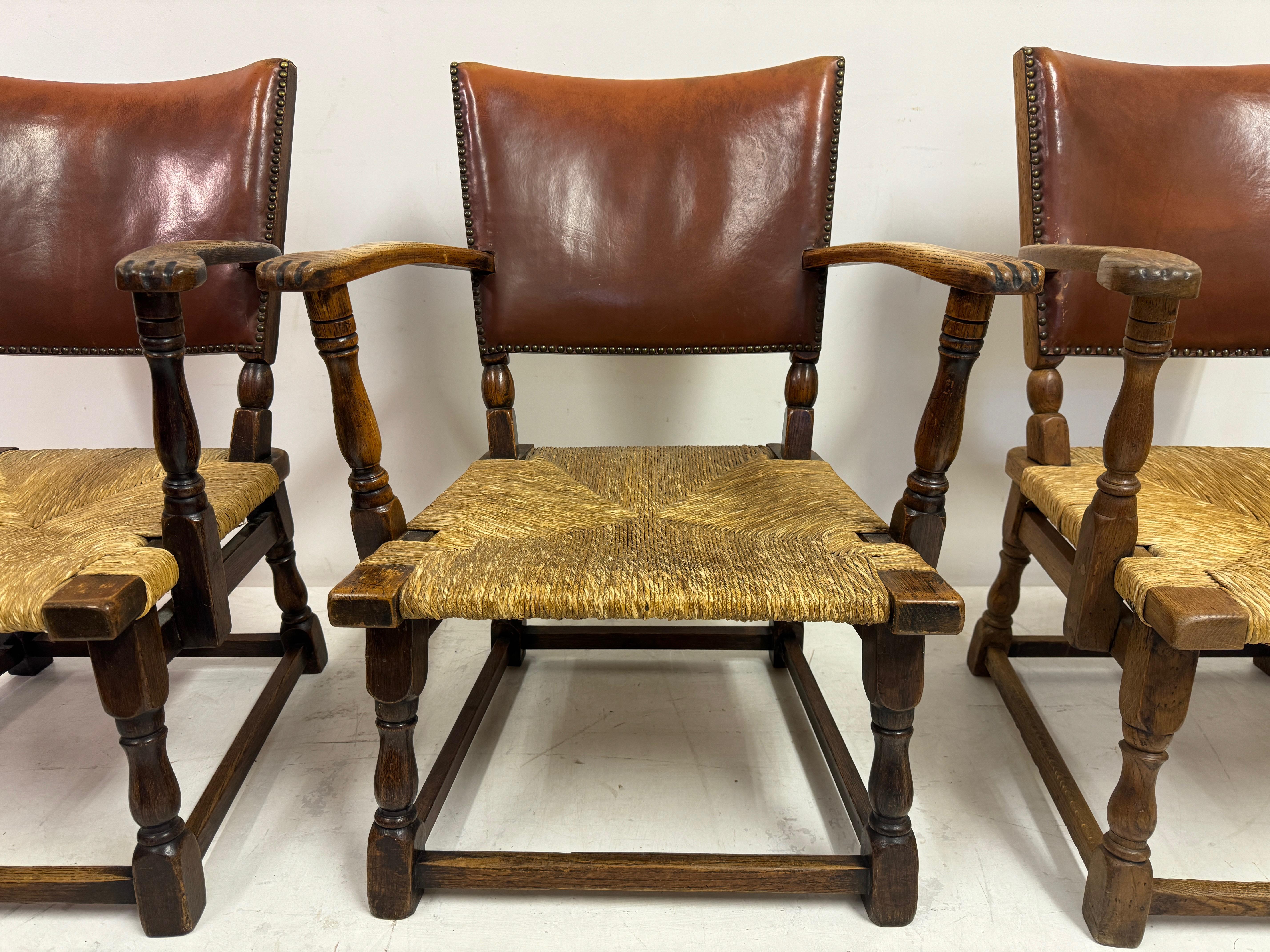 Set of Three Oak Armchairs with Rush and Leather Seats In Good Condition For Sale In London, London